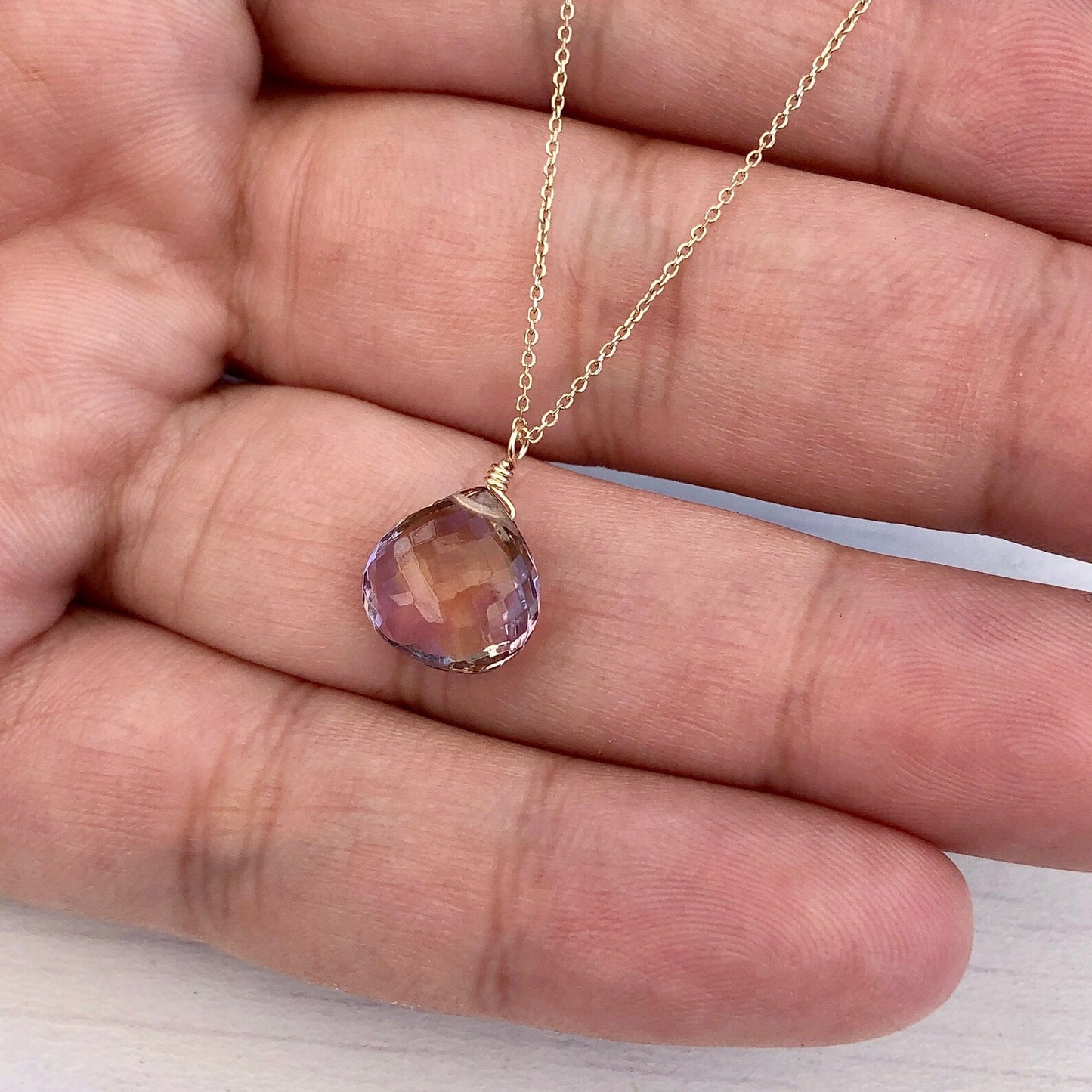 Ametrine Solid 14k Gold Teardrop Necklace, February Birthstone