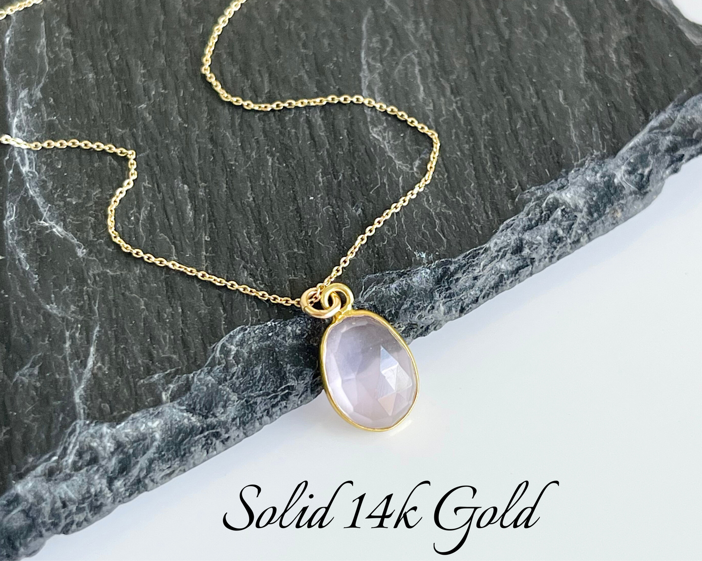 Rose Quartz Oval Necklace- Solid 14k Gold Necklace