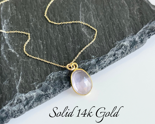 Rose Quartz Oval Necklace- Solid 14k Gold Necklace