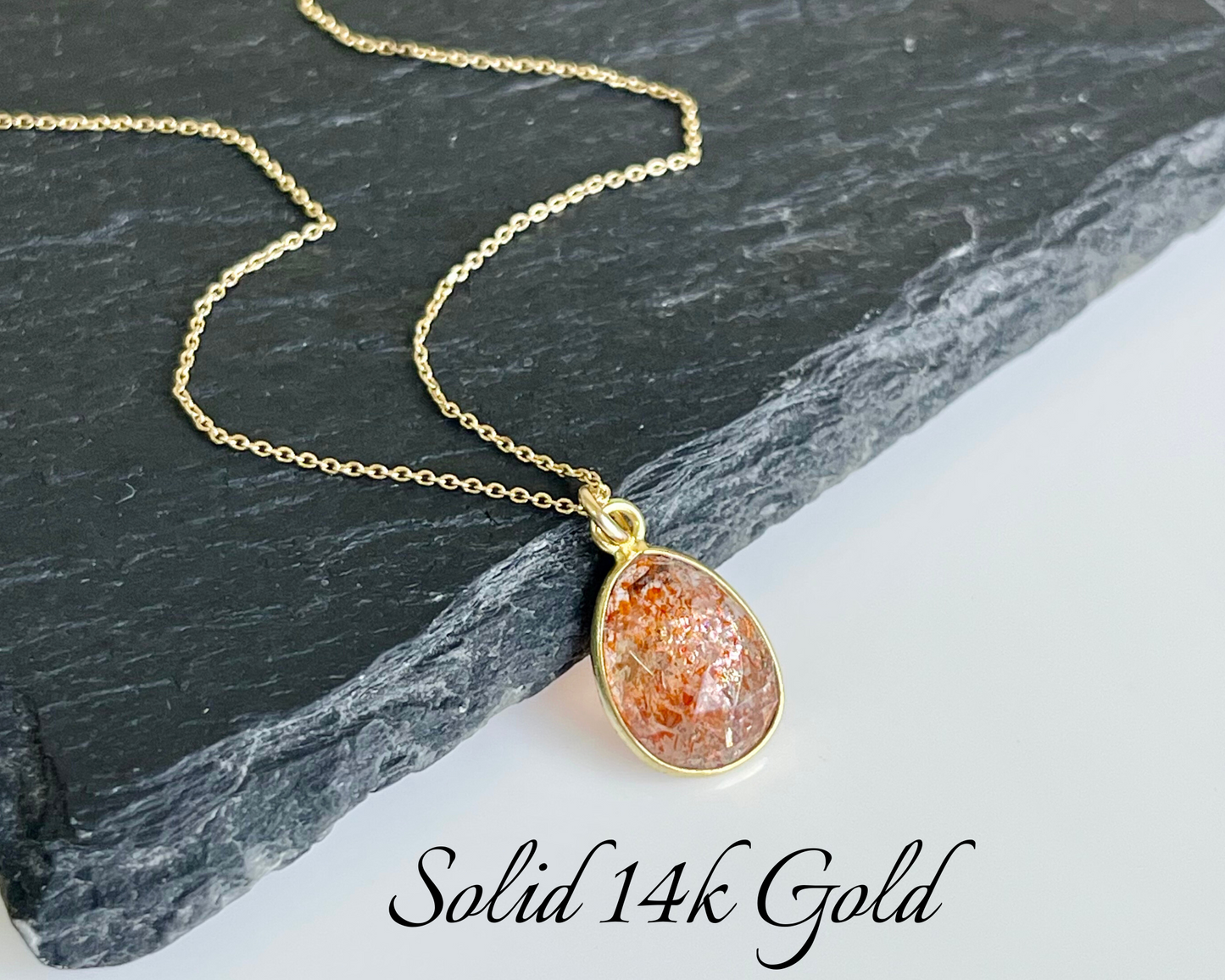 Orange Sunstone Oval Necklace- Solid 14K Gold