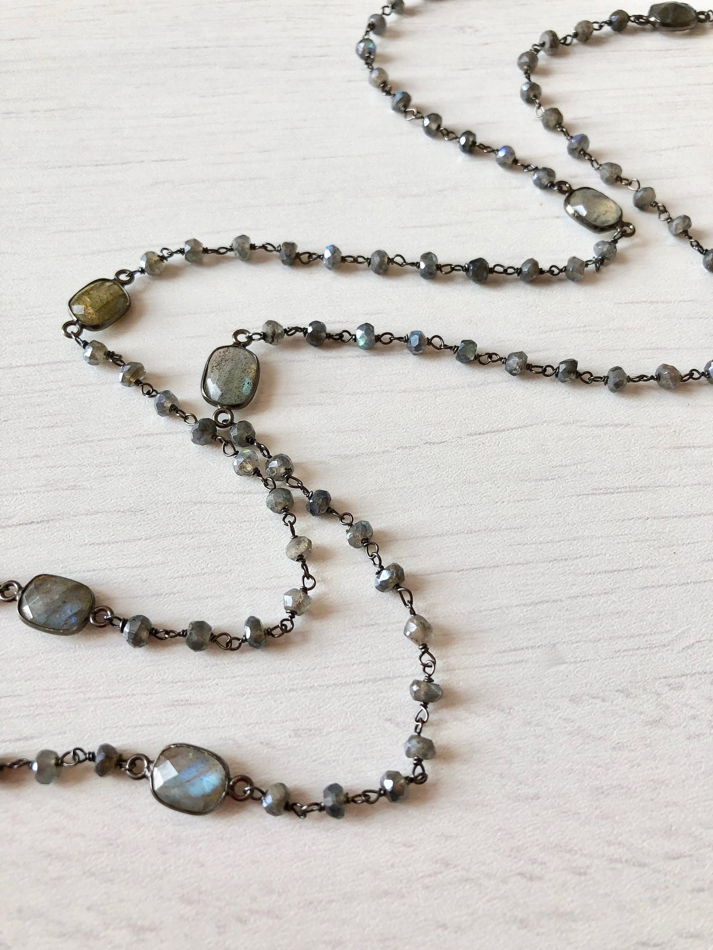 Long Labradorite Beaded Necklace- Oxidized Silver