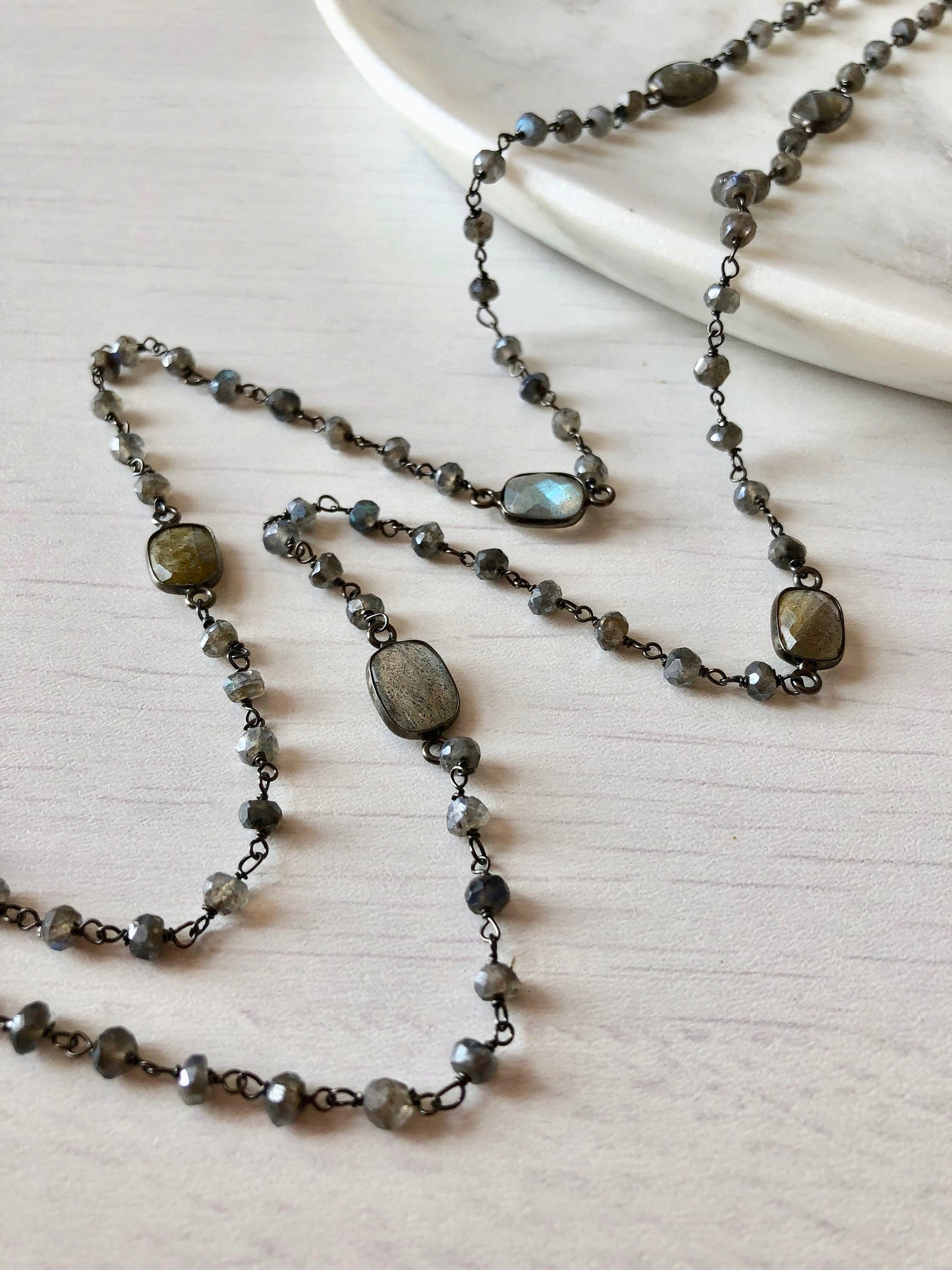 Long Labradorite Beaded Necklace- Oxidized Silver