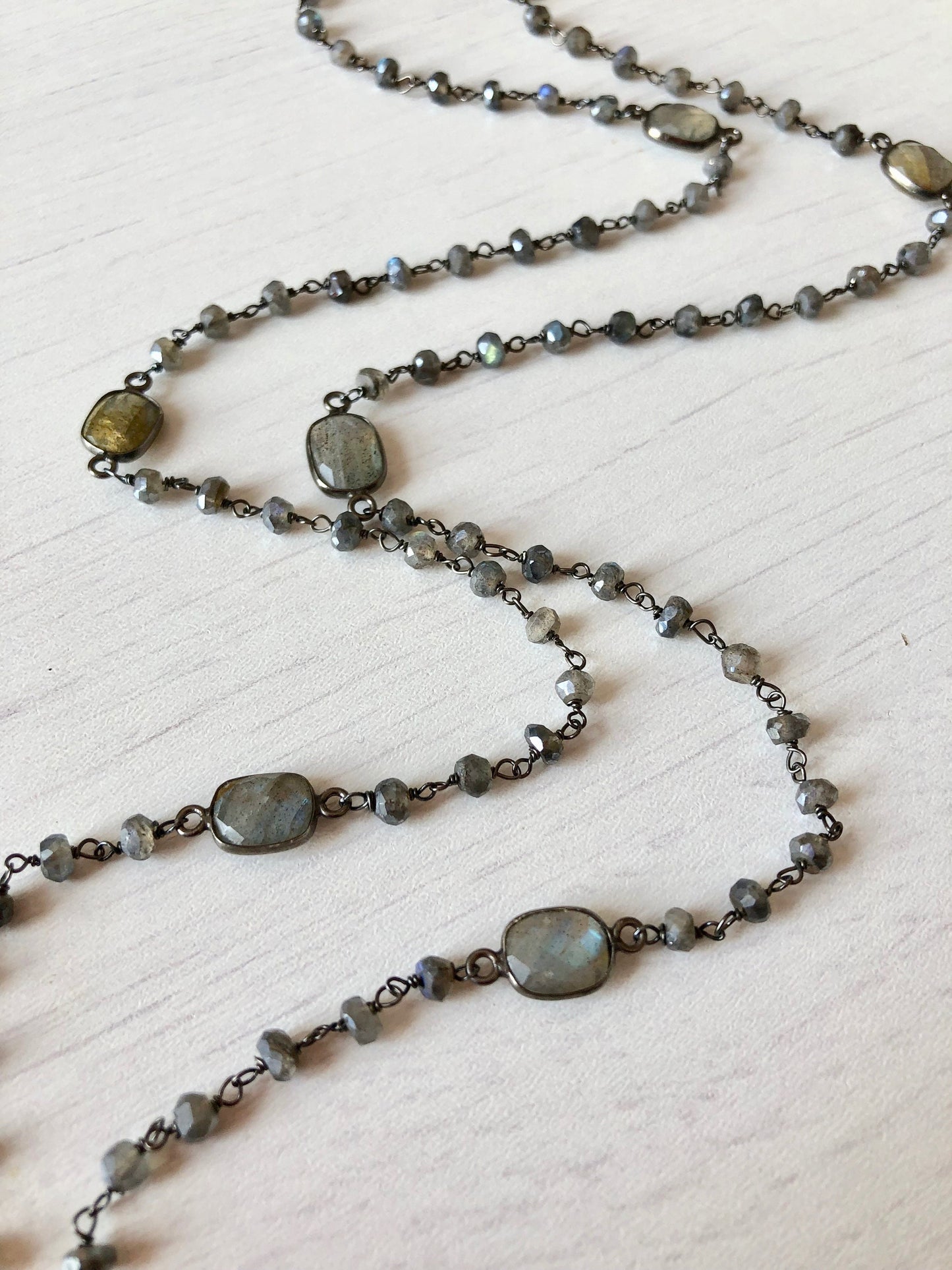 Long Labradorite Beaded Necklace- Oxidized Silver