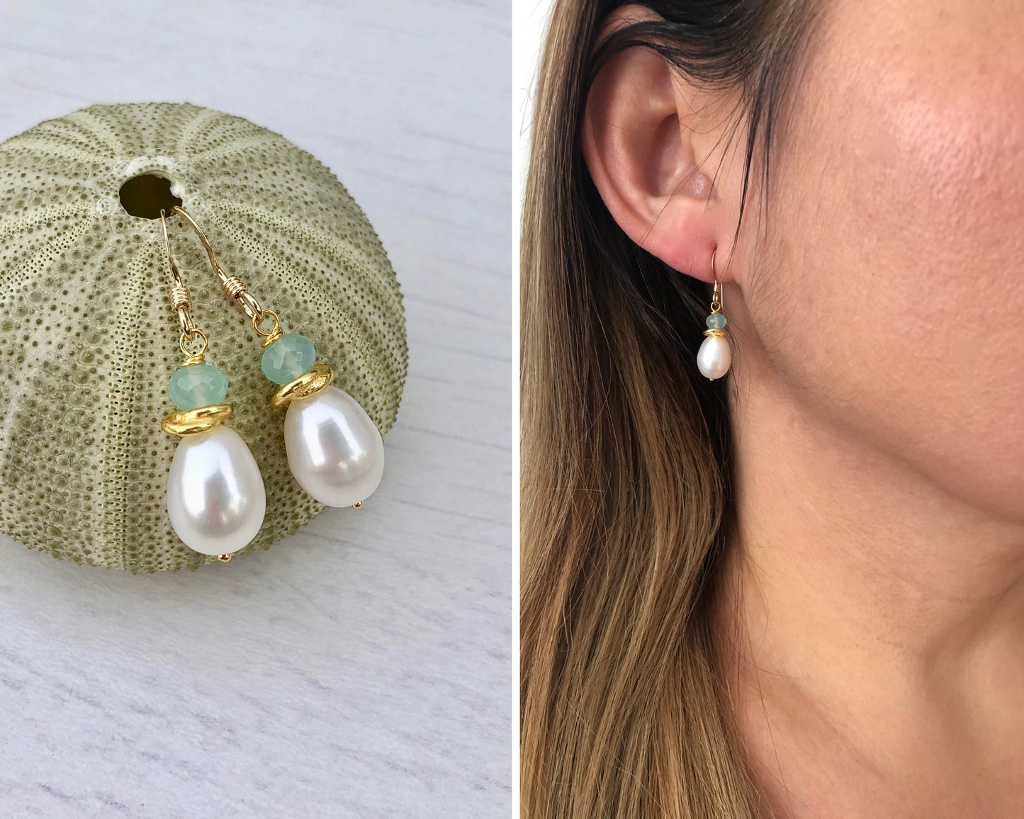 White Pearl Earrings, Aqua Chalcedony Earrings, White and Teal Color