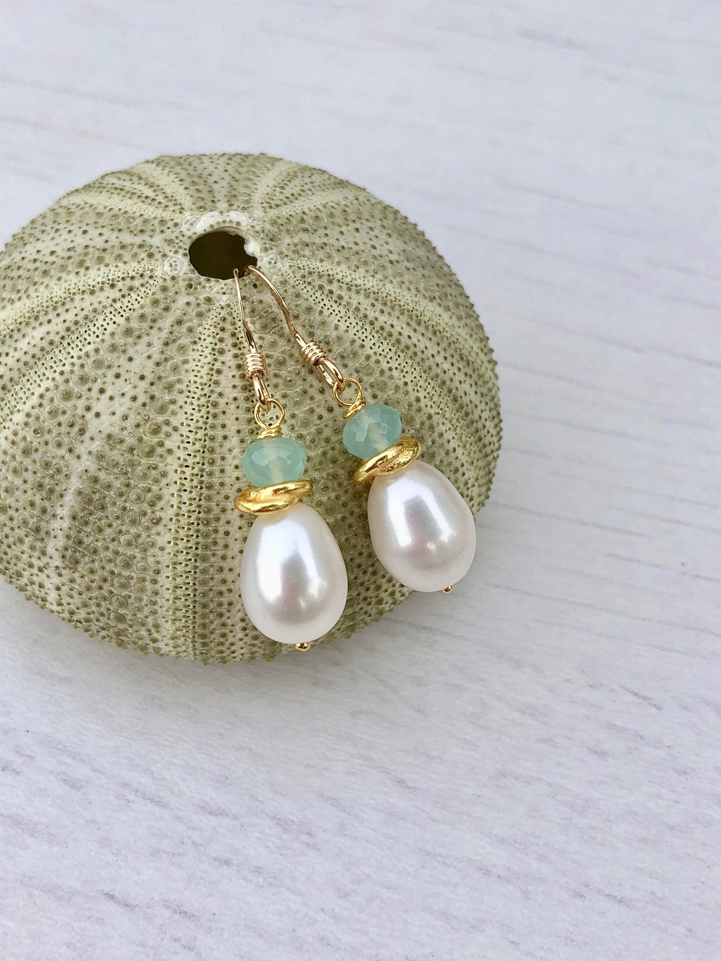 White Pearl Earrings, Aqua Chalcedony Earrings, White and Teal Color