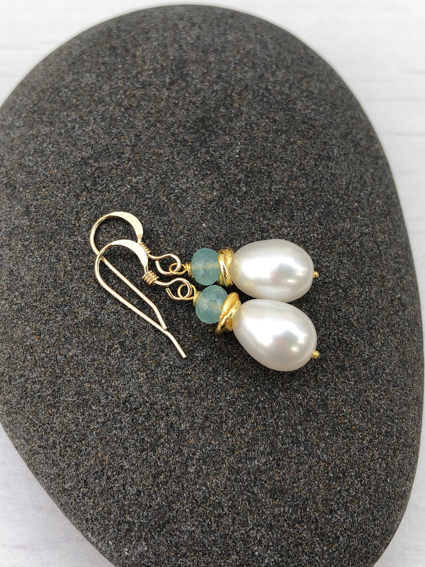 White Pearl Earrings, Aqua Chalcedony Earrings, White and Teal Color