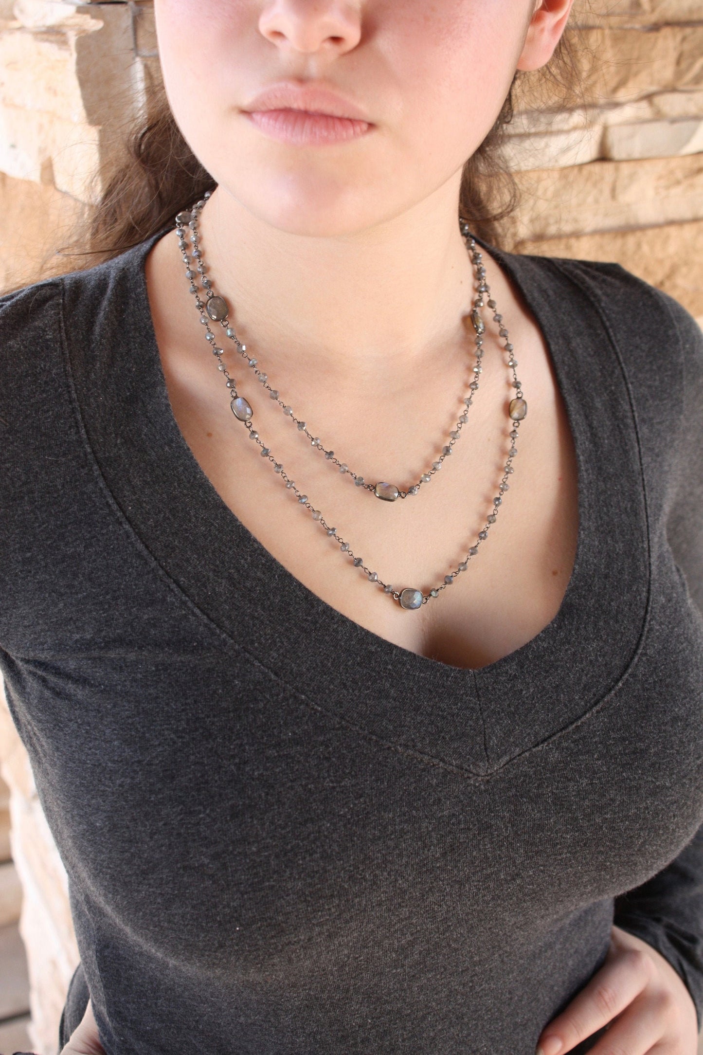 Long Labradorite Beaded Necklace- Oxidized Silver