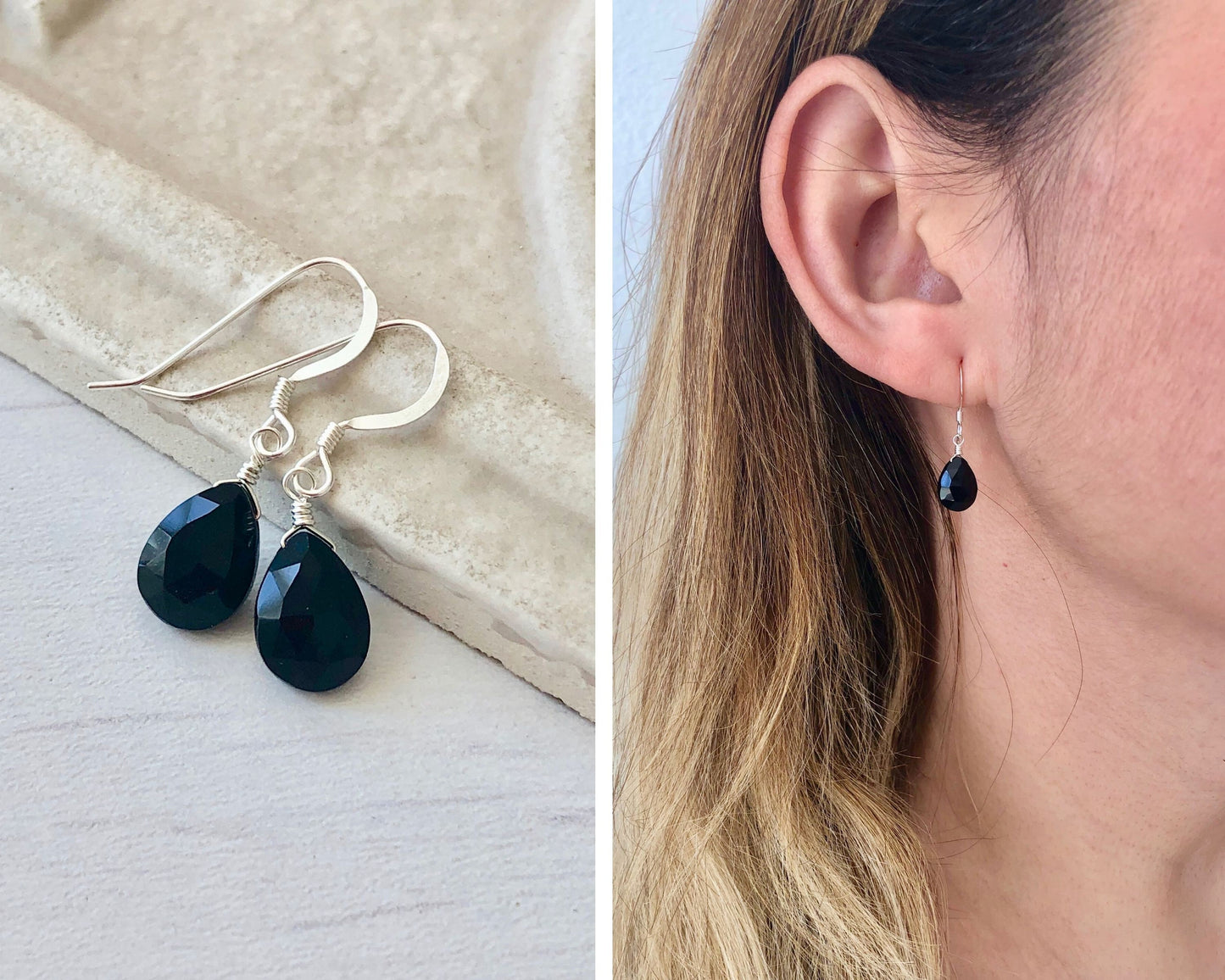 Black Onyx Earrings, Simple Black Teardrop Earrings, Minimalist Onyx Earrings, Small Dainty Silver Earrings, Mother's Day Gift, Gift for her