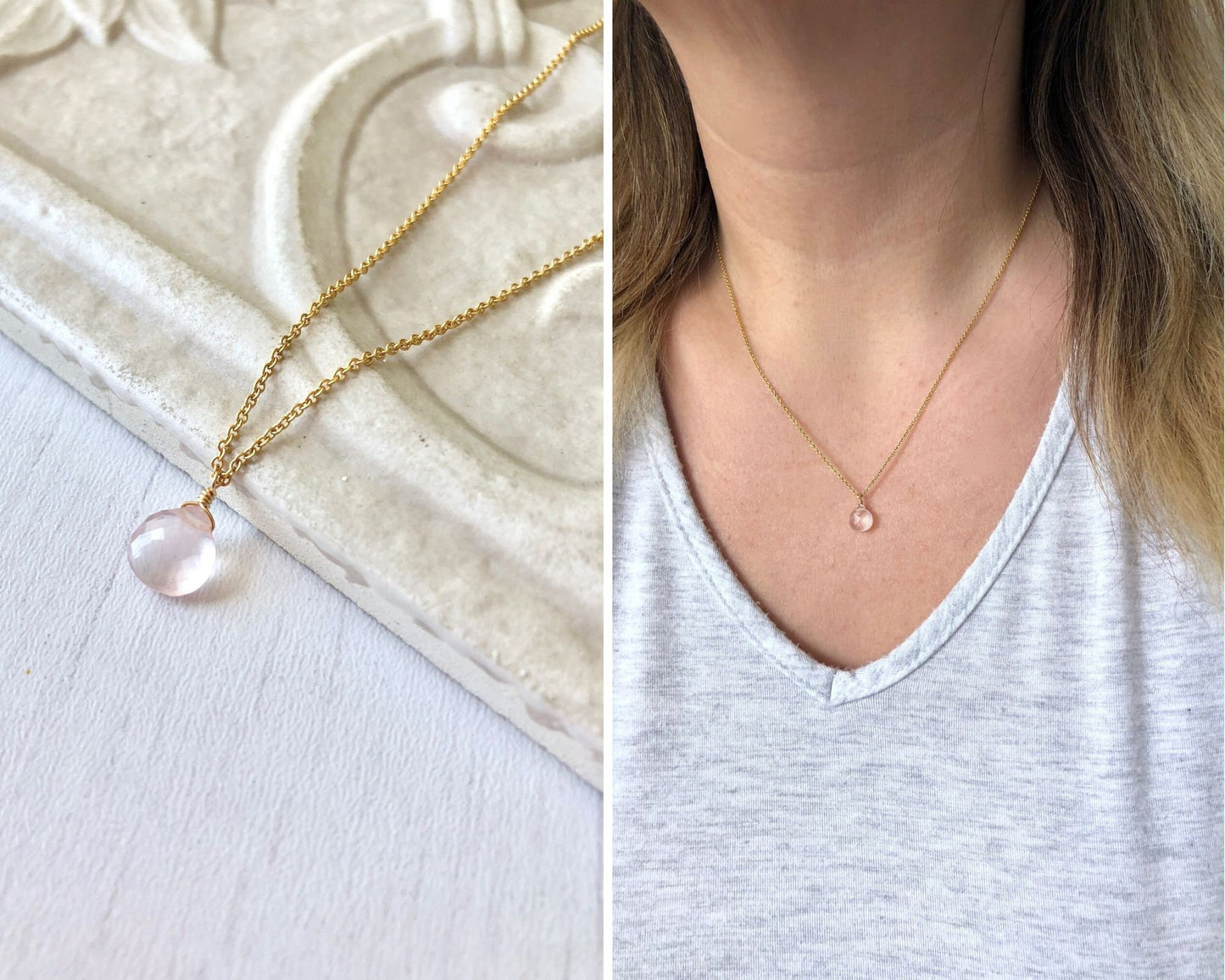 Rose Quartz Necklace, Pink Teardrop Pendant