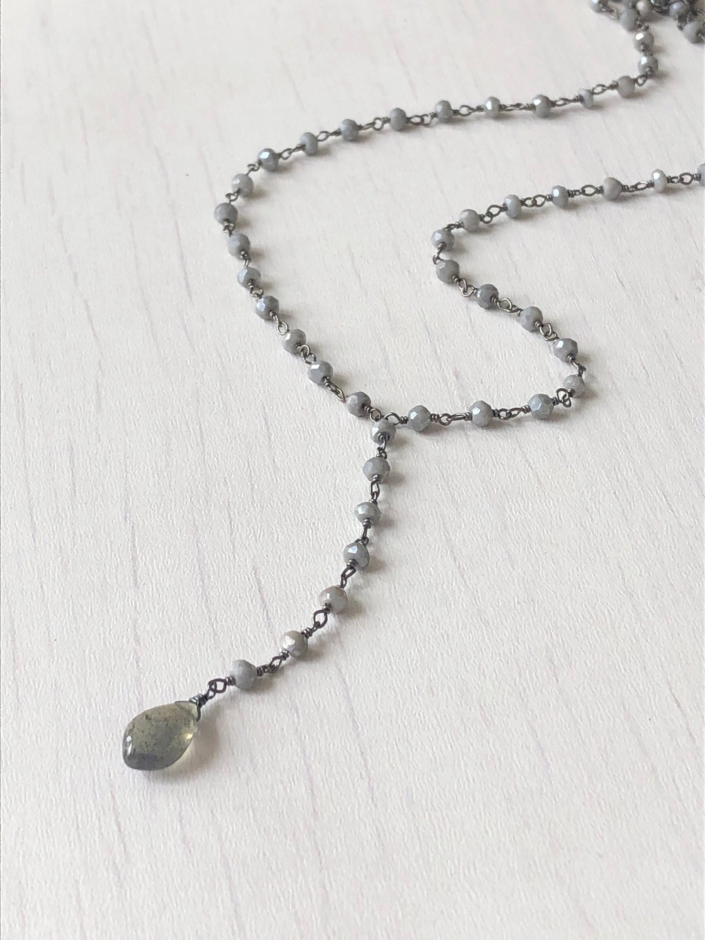 Blue Labradorite Lariat Necklace, Gray Moonstone Beaded Chain, Oxidized Sterling Silver Y Necklace for woman, Neutral Jewelry