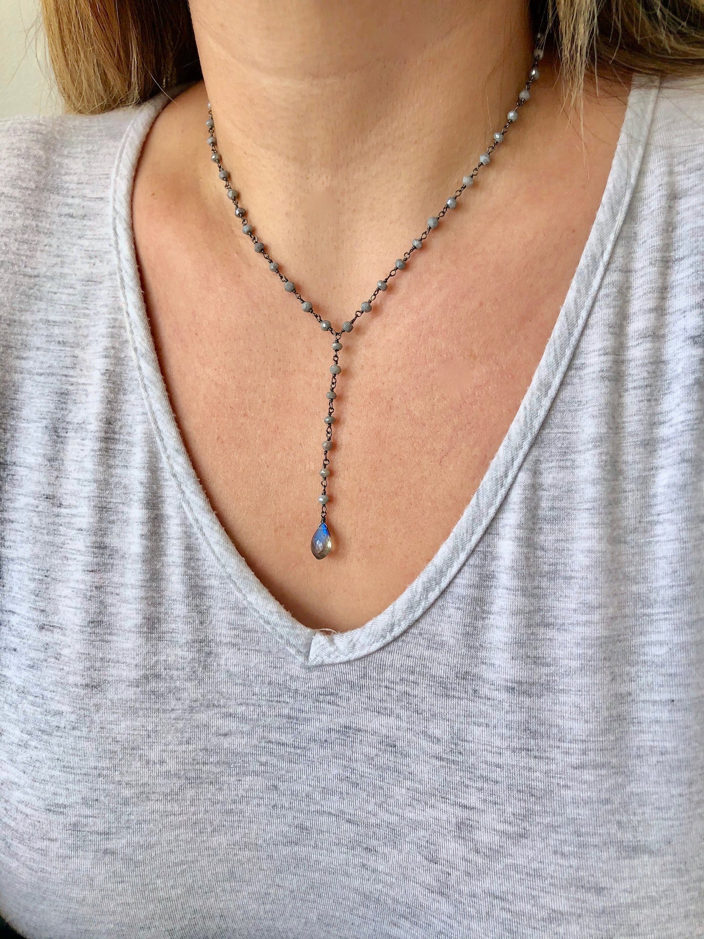 Blue Labradorite Lariat Necklace, Gray Moonstone Beaded Chain, Oxidized Sterling Silver Y Necklace for woman, Neutral Jewelry