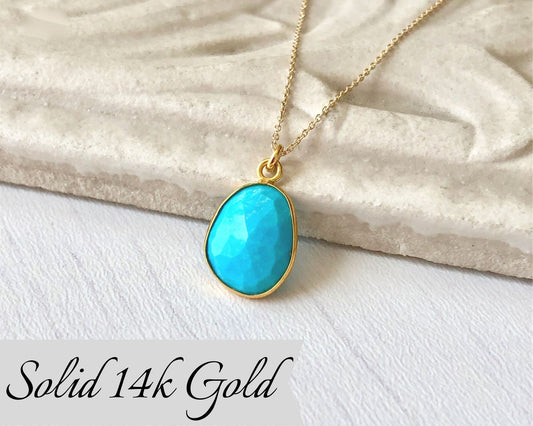 Bezeled Turquoise Necklace- Solid 14k Gold