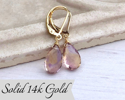 Solid 14k Gold Ametrine Teardrop Earrings