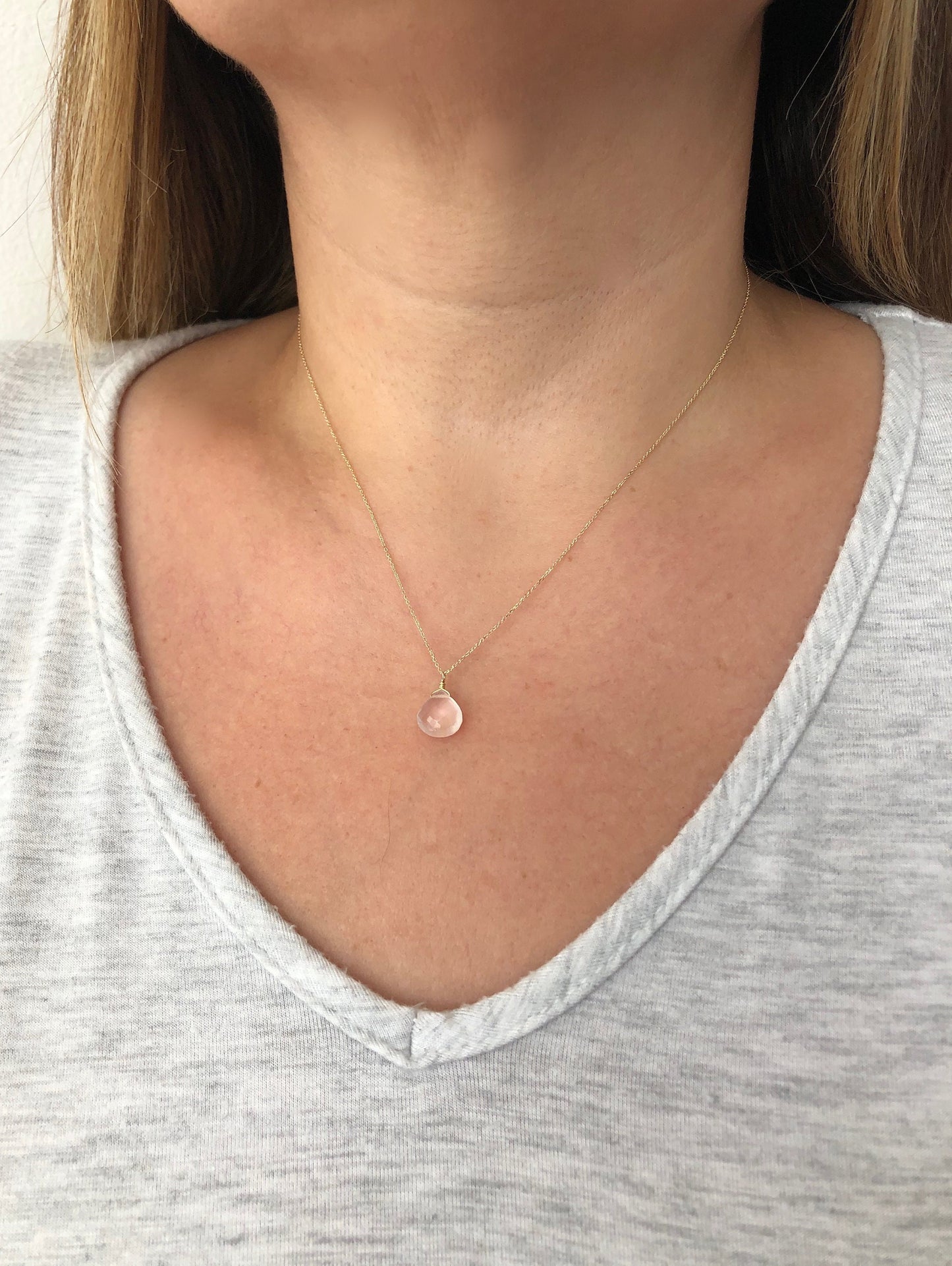 Rose Quartz Teardrop Necklace- Solid 14k Yellow Gold