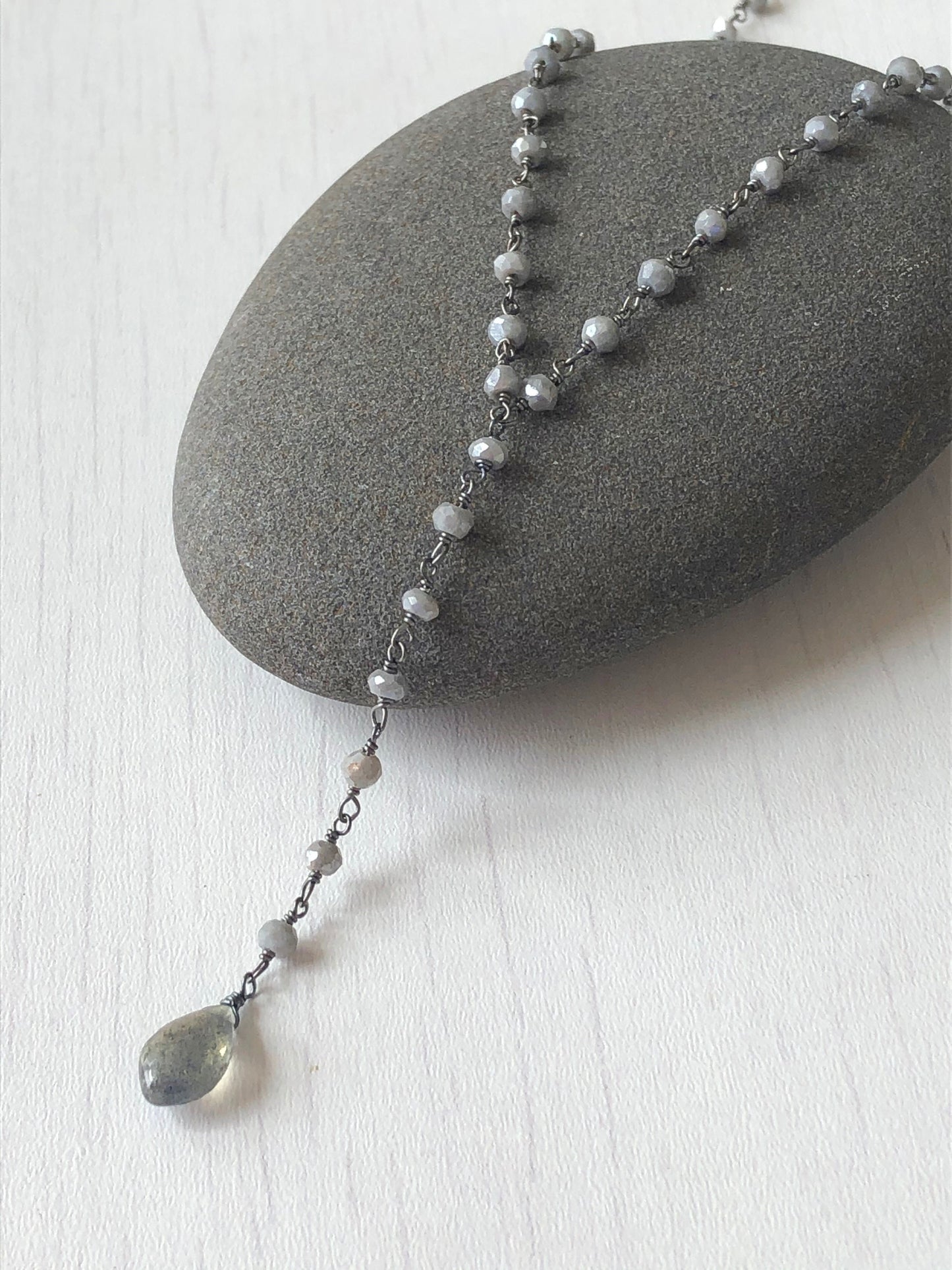 Blue Labradorite Lariat Necklace, Gray Moonstone Beaded Chain, Oxidized Sterling Silver Y Necklace for woman, Neutral Jewelry