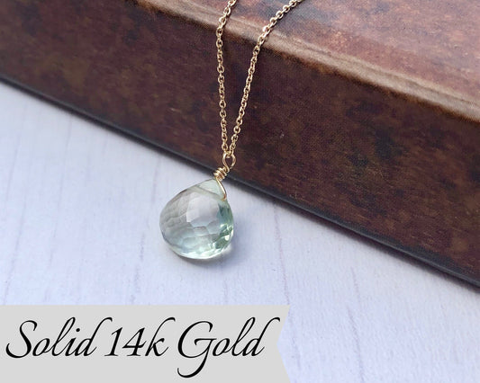 Green Amethyst Necklace- Solid 14k Gold