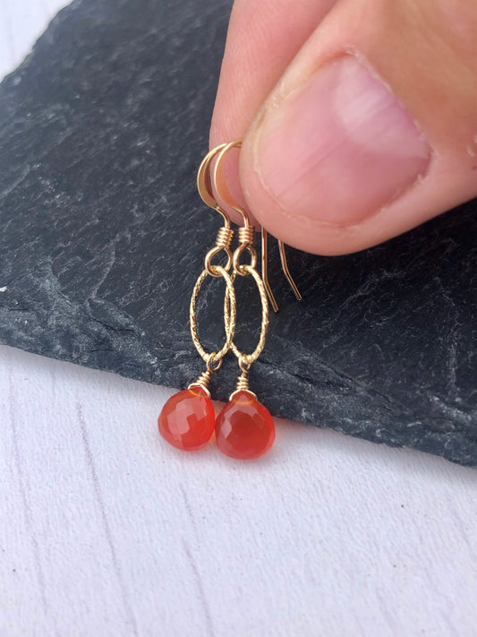 Carnelian Earrings, Orange Teardrop Earrings, Gold Minimalist Earrings, Small Orange Gemstone Silver Earrings, July Birthstone, Gift for her