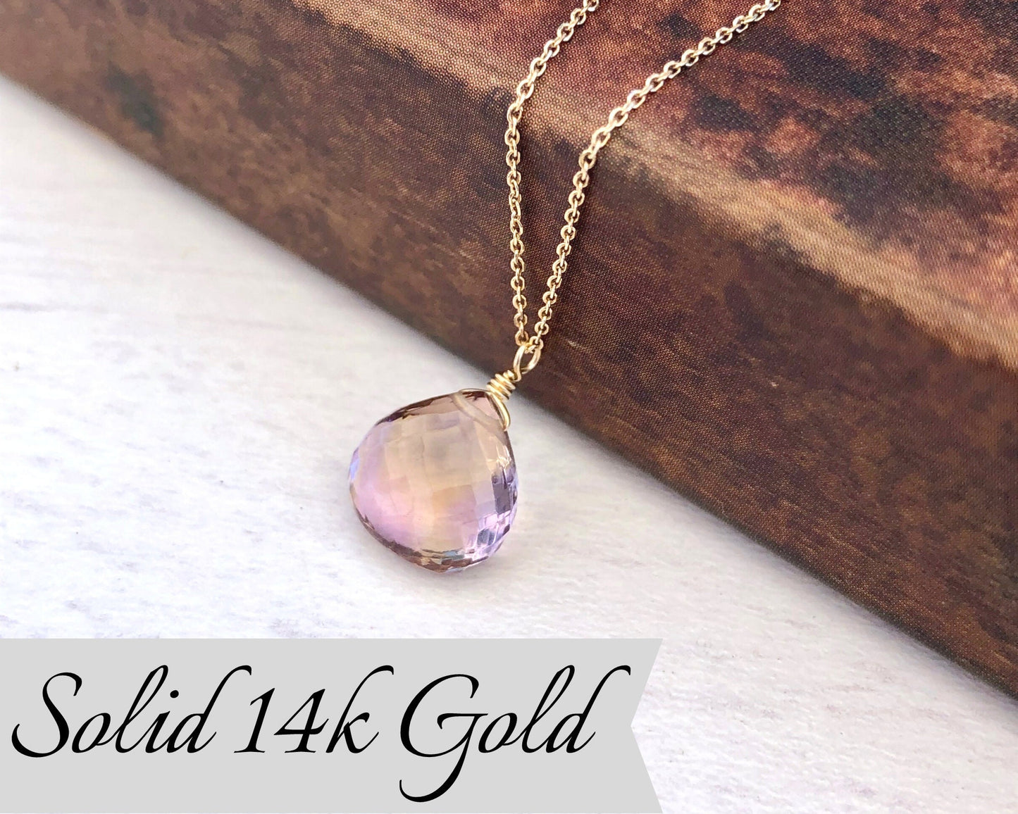 Ametrine Solid 14k Gold Teardrop Necklace, Ametrine Teardrop Pendant, Real Solid 14k Purple Ametrine Pendant, Gift for mother, February gift