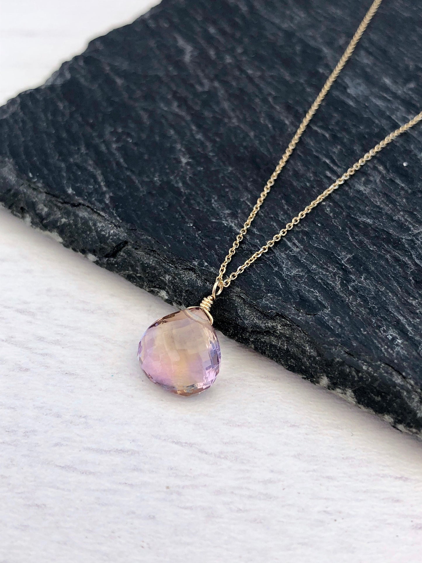 Ametrine Solid 14k Gold Teardrop Necklace, Ametrine Teardrop Pendant, Real Solid 14k Purple Ametrine Pendant, Gift for mother, February gift