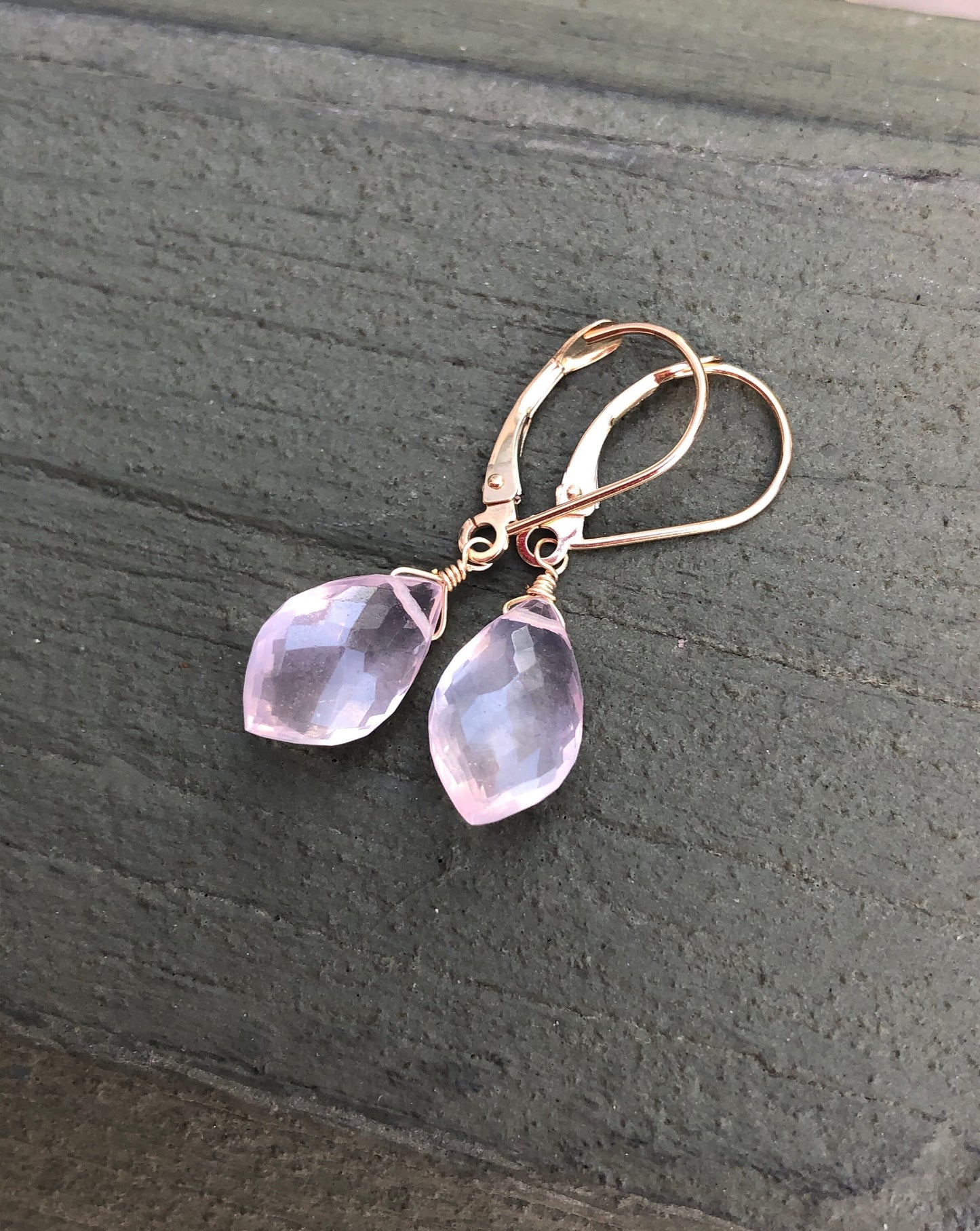 Rose Quartz Teardrop Earrings- Solid 14k Gold