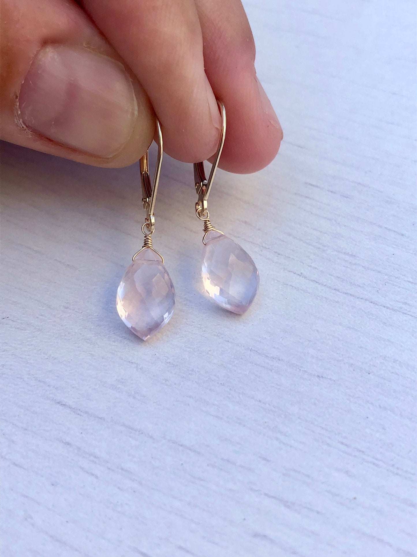 Rose Quartz Teardrop Earrings- Solid 14k Gold