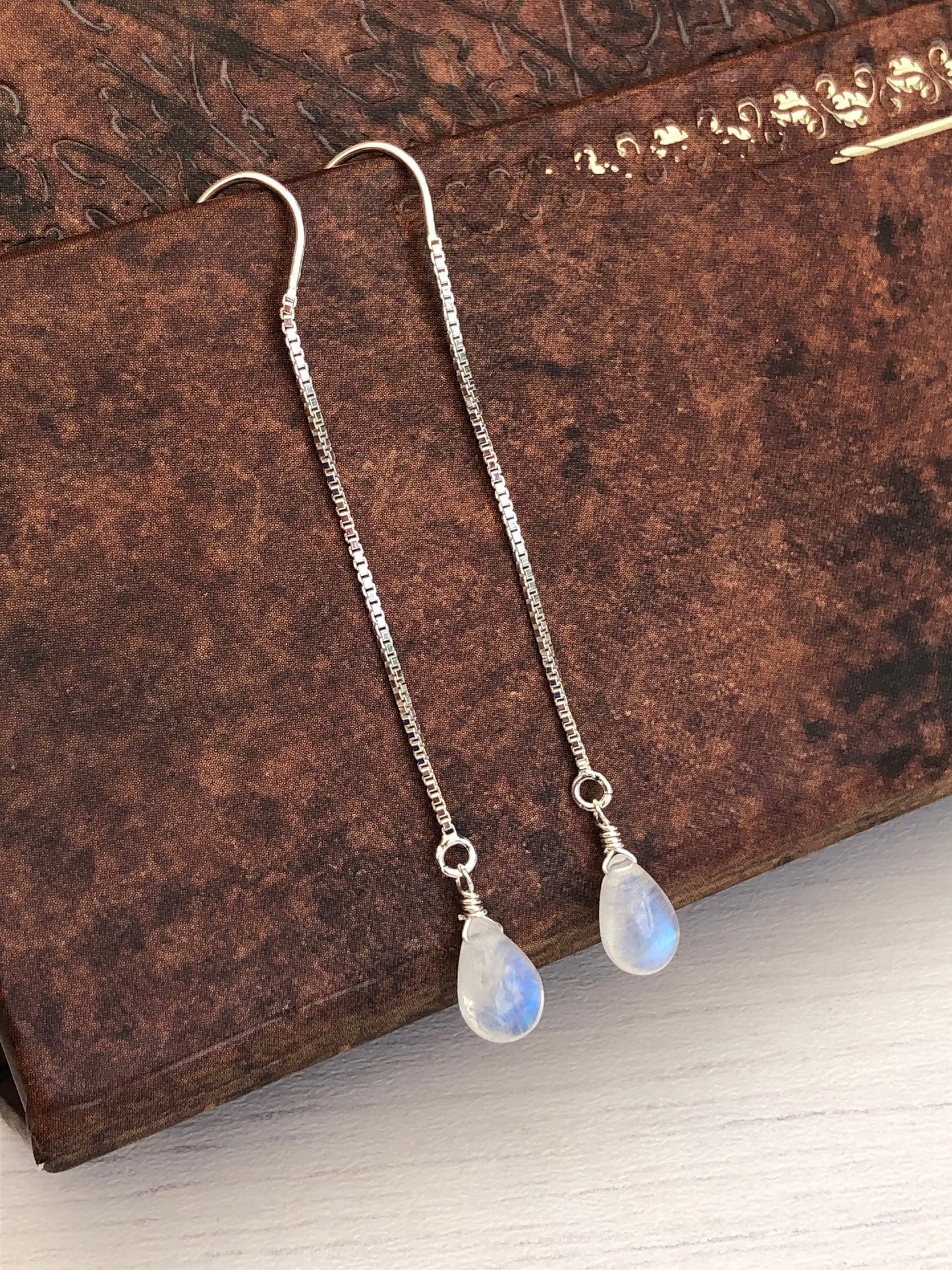 Rainbow Moonstone Threader Pull Through Earrings