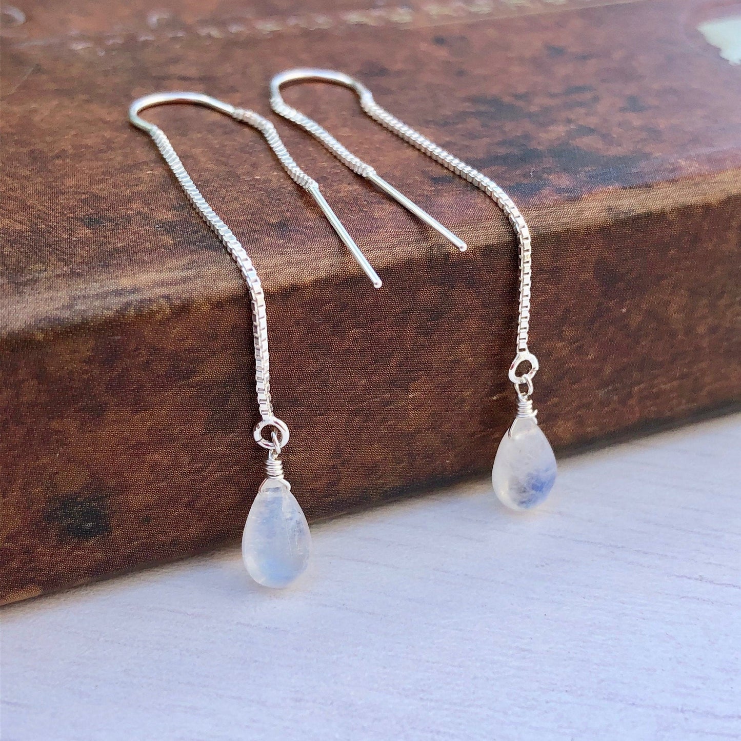 Rainbow Moonstone Threader Pull Through Earrings