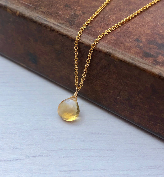 Citrine Necklace, Yellow Teardrop Necklace