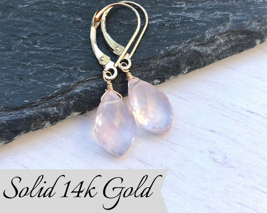 Solid Gold Rose Quartz Teardrop Earrings