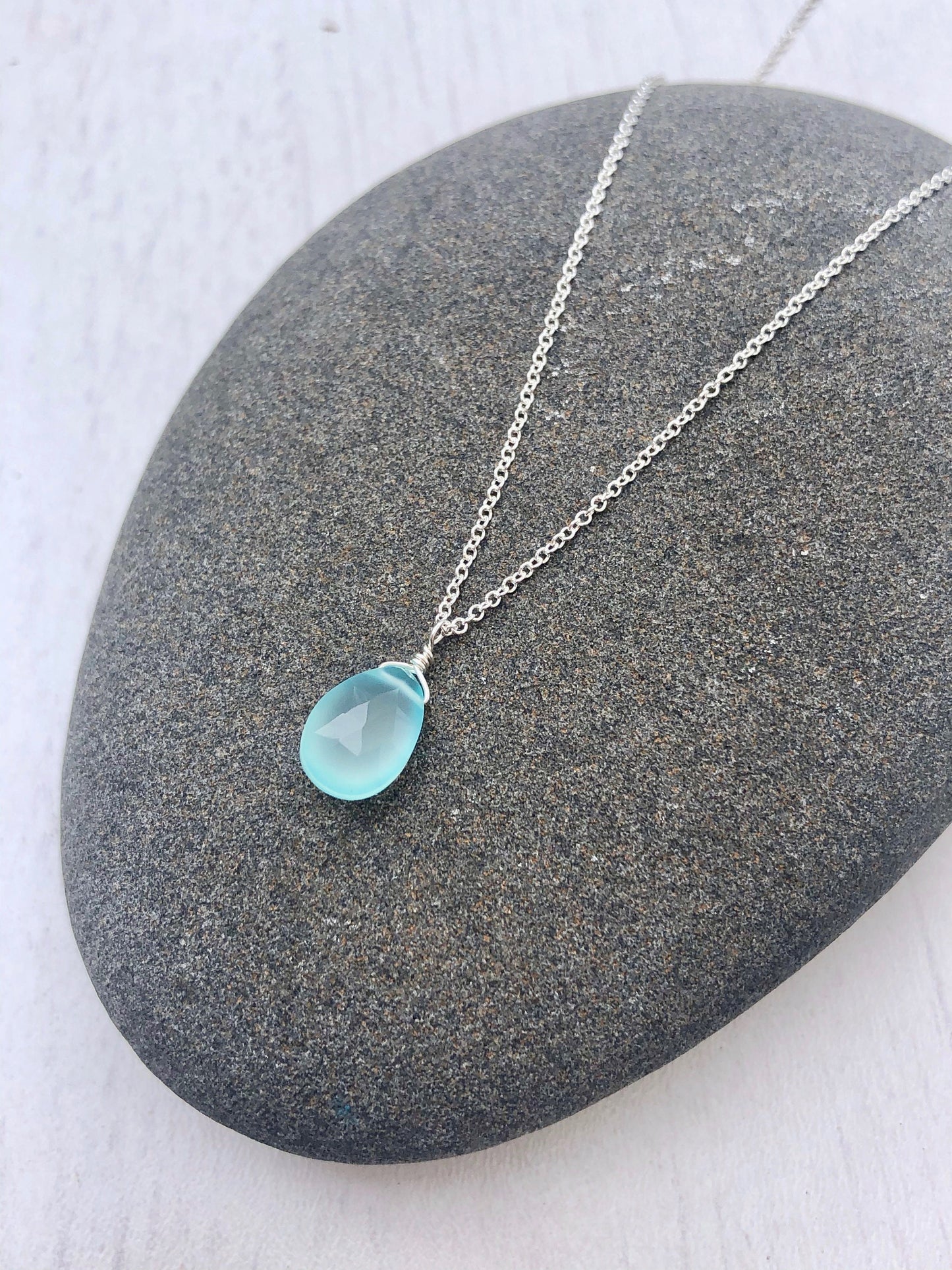 Aqua Chalcedony Necklace, Blue Teardrop Pendant, Layering Summer Necklace, Minimalist Silver Jewelry, Seaglass Chalcedony Drop, Gift for her