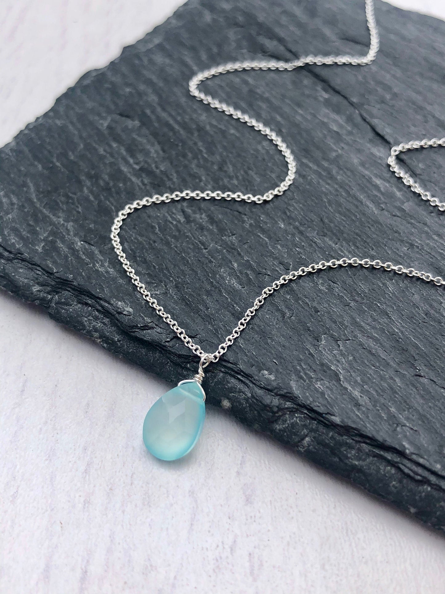 Aqua Chalcedony Necklace, Blue Teardrop Pendant, Layering Summer Necklace, Minimalist Silver Jewelry, Seaglass Chalcedony Drop, Gift for her