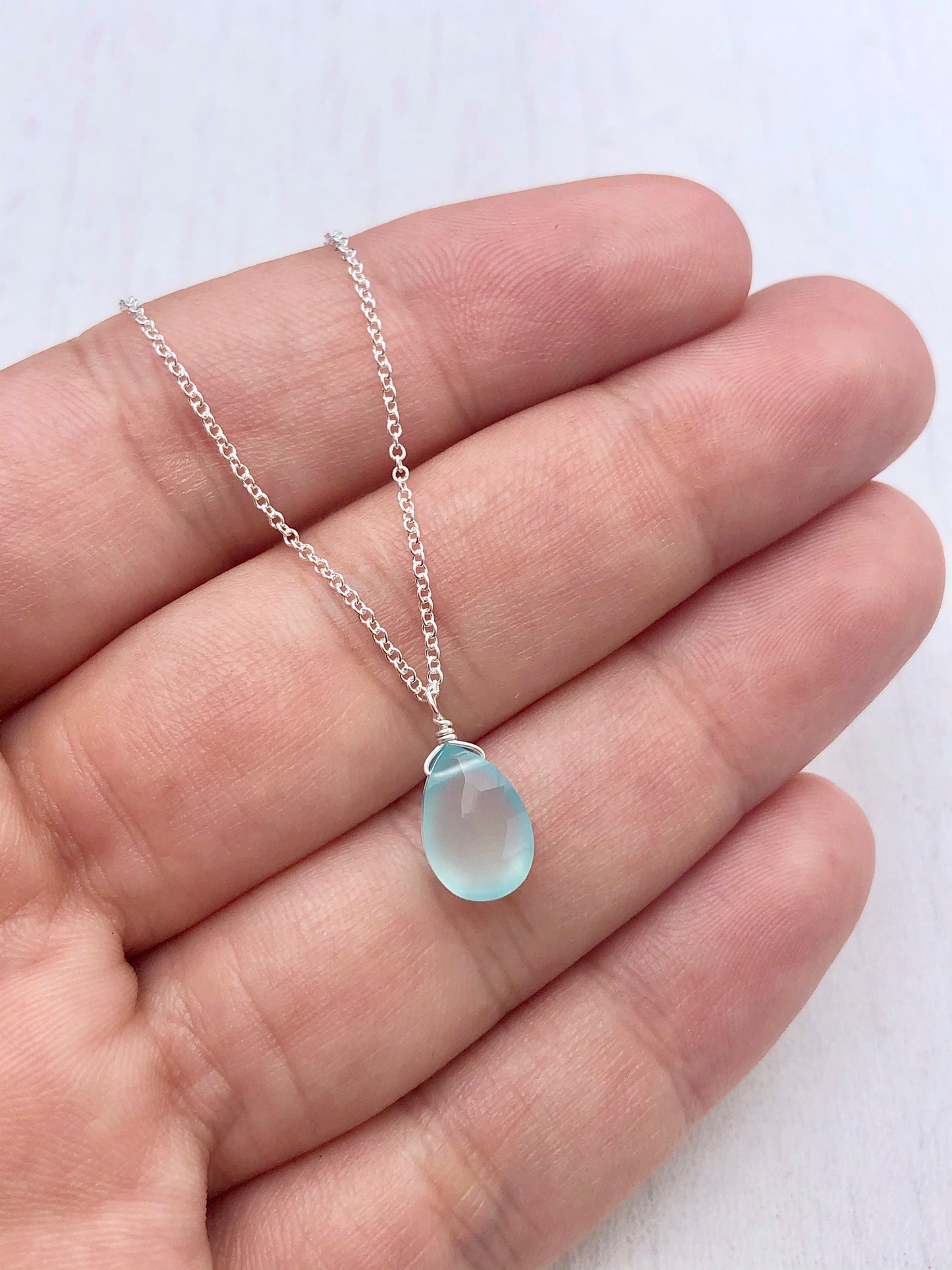 Aqua Chalcedony Necklace, Blue Teardrop Pendant, Layering Summer Necklace, Minimalist Silver Jewelry, Seaglass Chalcedony Drop, Gift for her