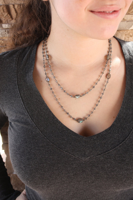 Long Labradorite Beaded Necklace- Oxidized Silver