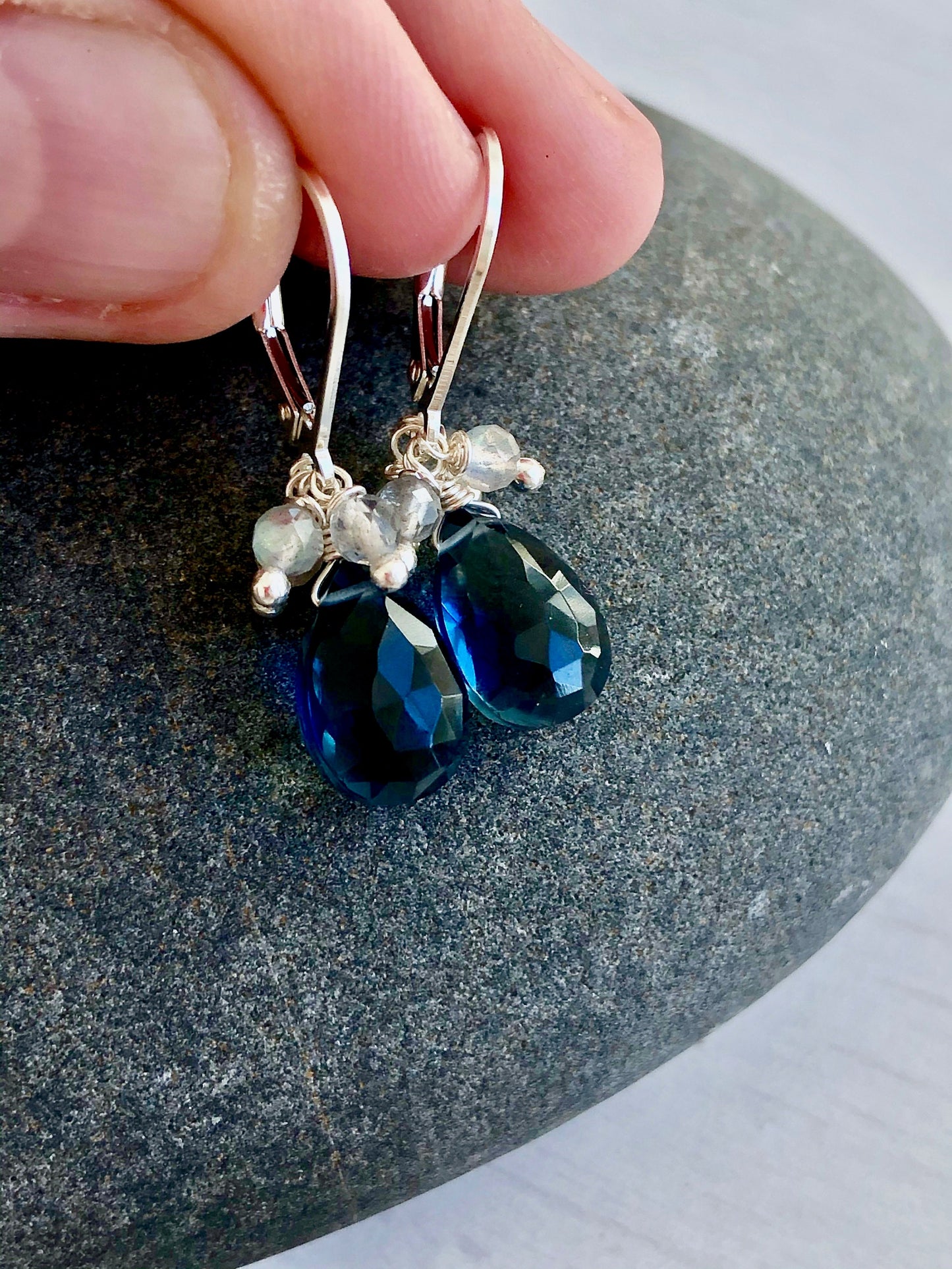 Blue Topaz Earrings, Blue Topaz and Labradorite Bead Earrings, Navy Teardrop with Labradorite, December Birthstone, Royal Blue Jewelry Gift