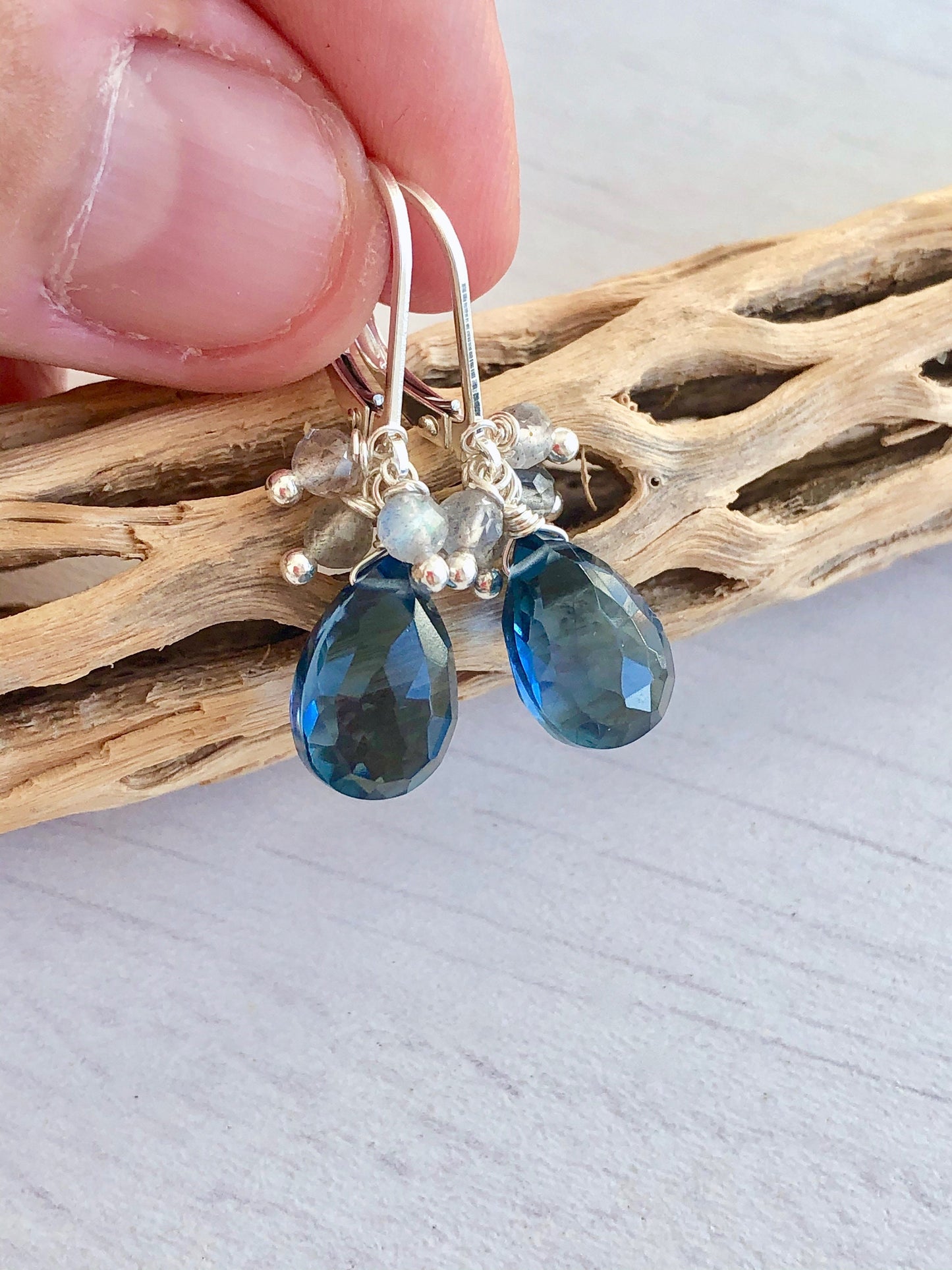 Blue Topaz Earrings, Blue Topaz and Labradorite Bead Earrings, Navy Teardrop with Labradorite, December Birthstone, Royal Blue Jewelry Gift