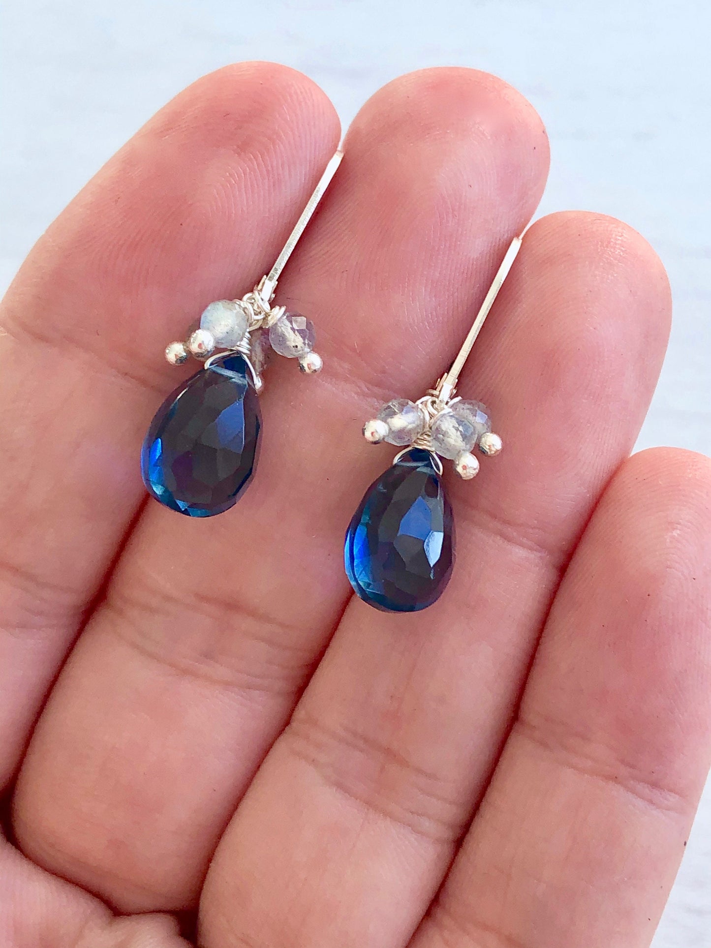 Blue Topaz Earrings, Blue Topaz and Labradorite Bead Earrings, Navy Teardrop with Labradorite, December Birthstone, Royal Blue Jewelry Gift