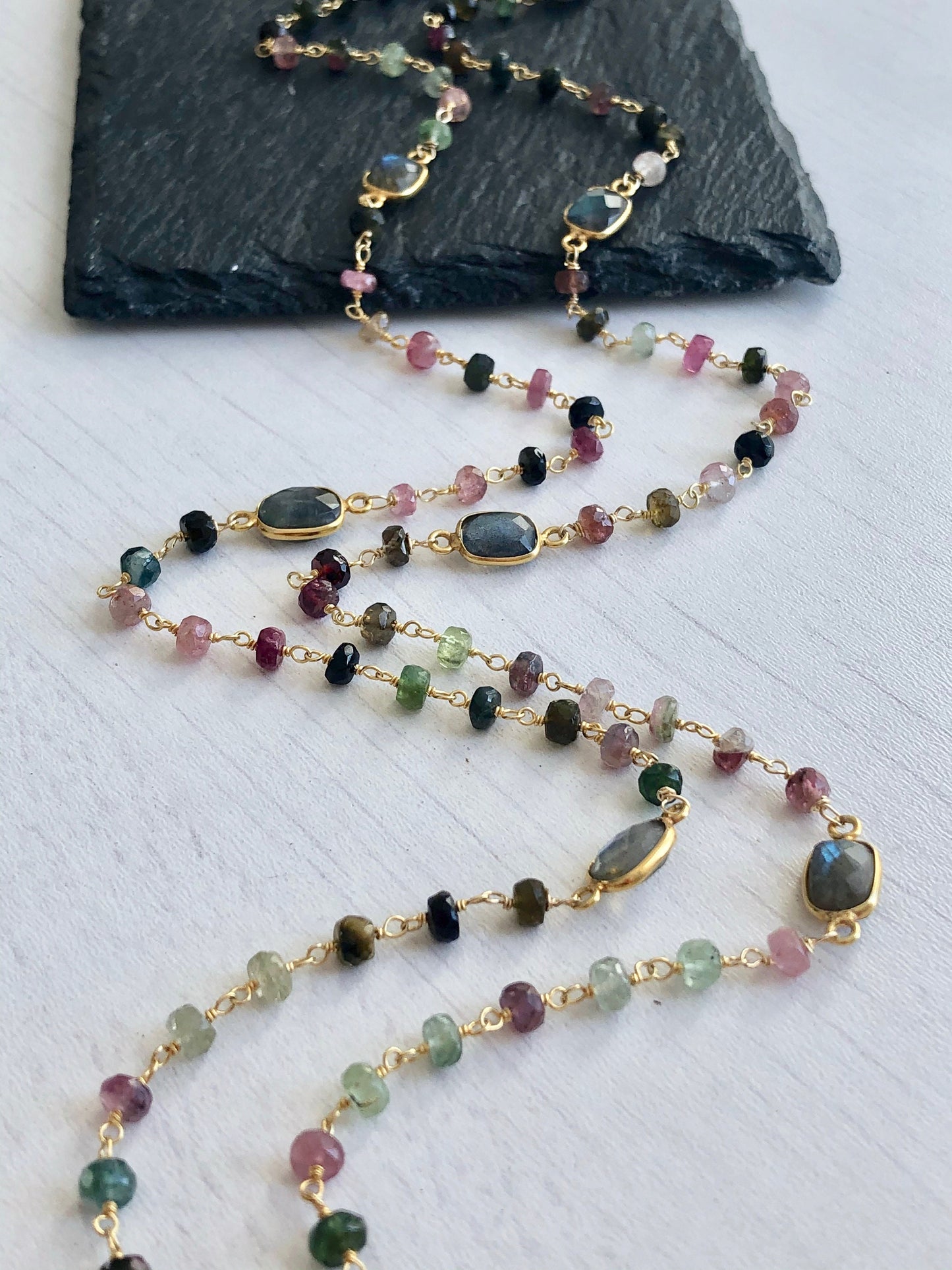 Watermelon Tourmaline Long Beaded Necklace