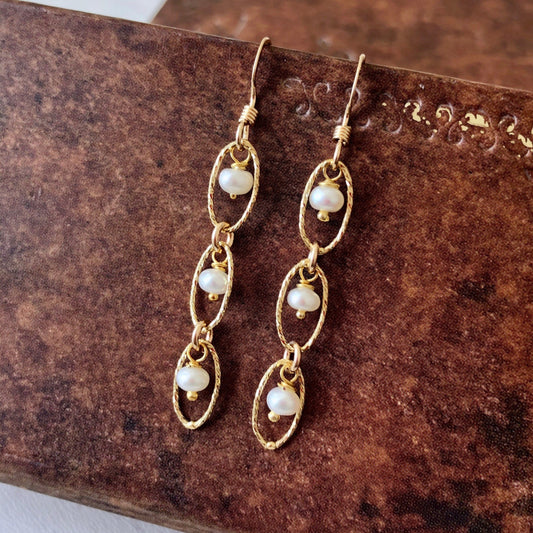 White Pearl Oval Link Earrings- June Birthstone