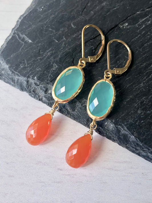 Aqua Chalcedony and Carnelian Earrings