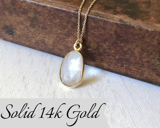 White Topaz Necklace, Solid 14K Gold Jewelry