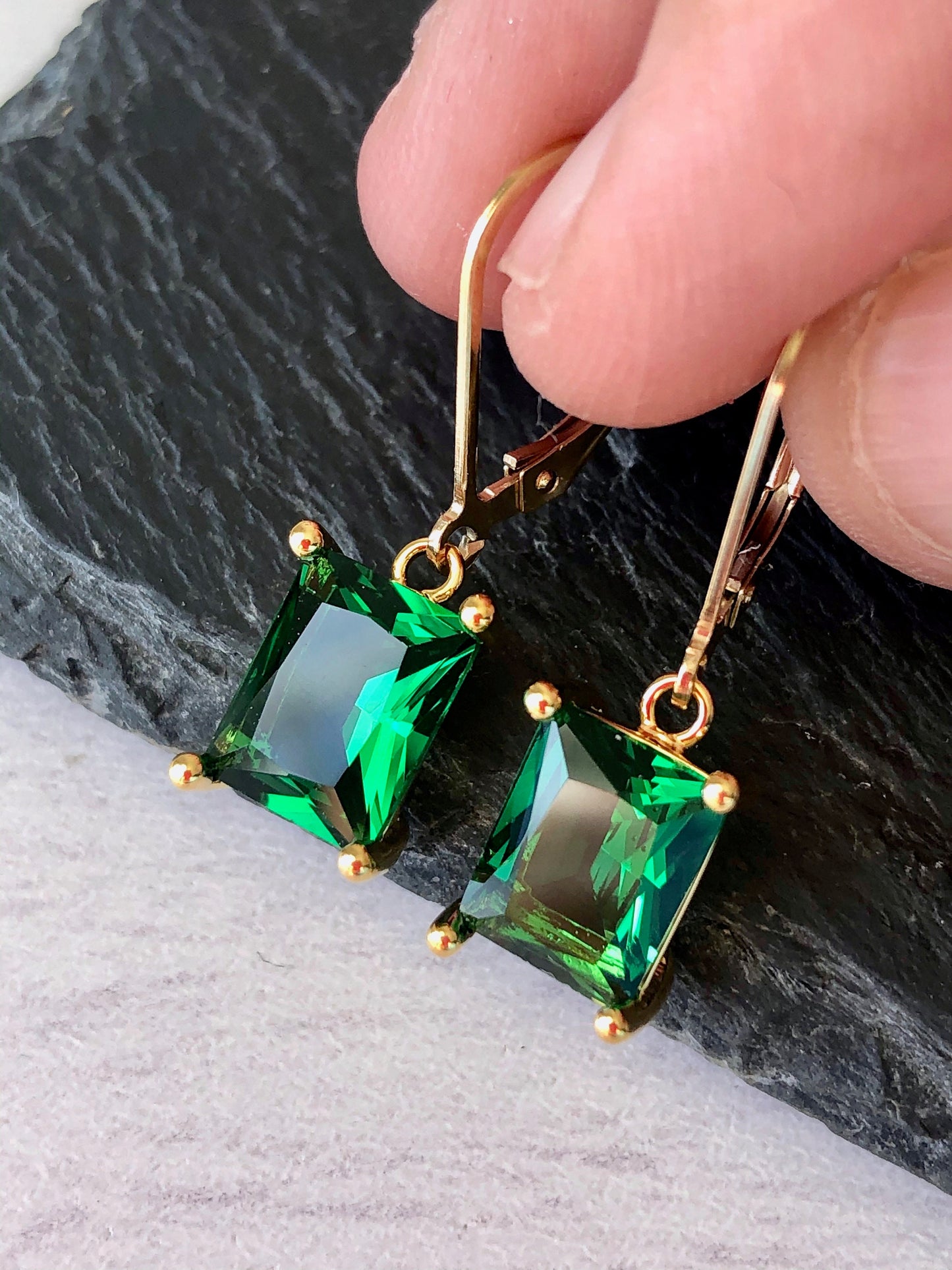 Emerald Quartz Baguette Earrings