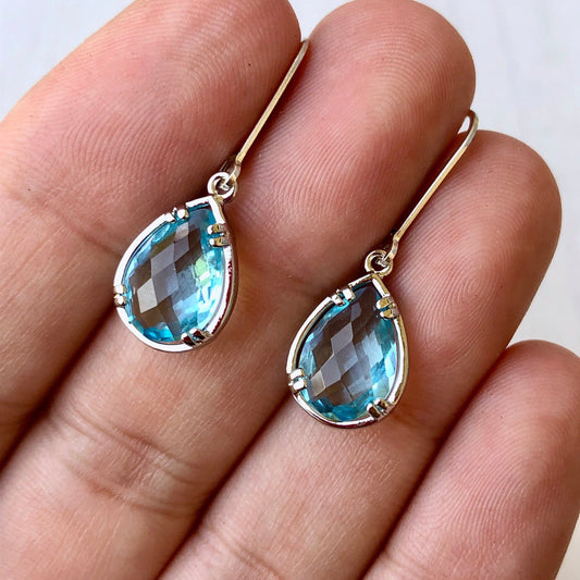 Aquamarine Earrings, March Birthstone, Blue Teardrop Gem Earrings in Gold or Silver, Sky Blue Jewelry, Boho Drop Earrings, Mother's Day Gift