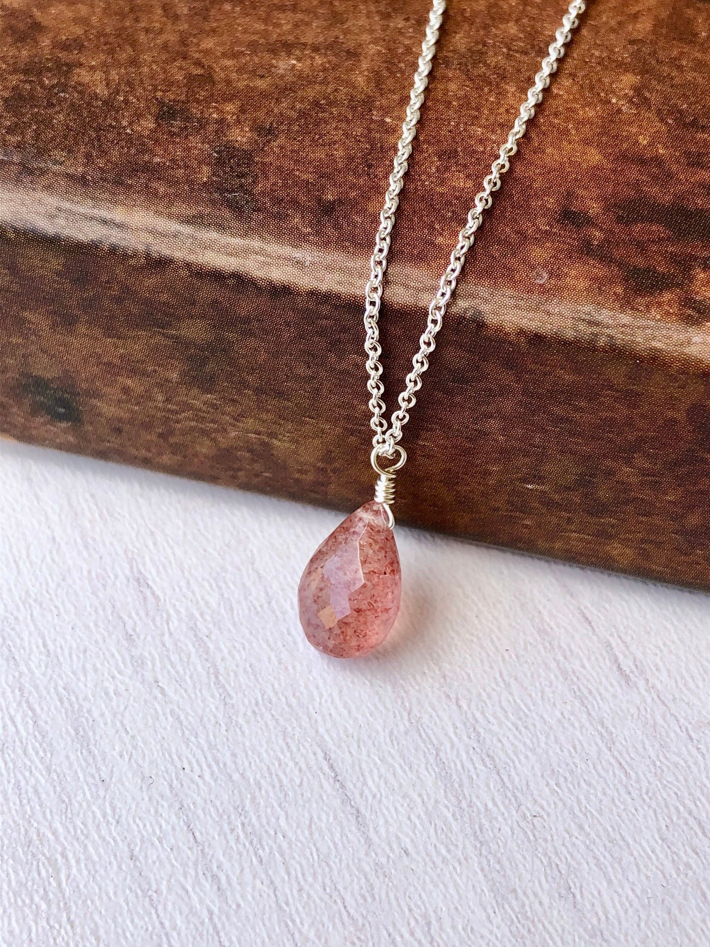 Strawberry Pink Rutilated Teardrop Necklace