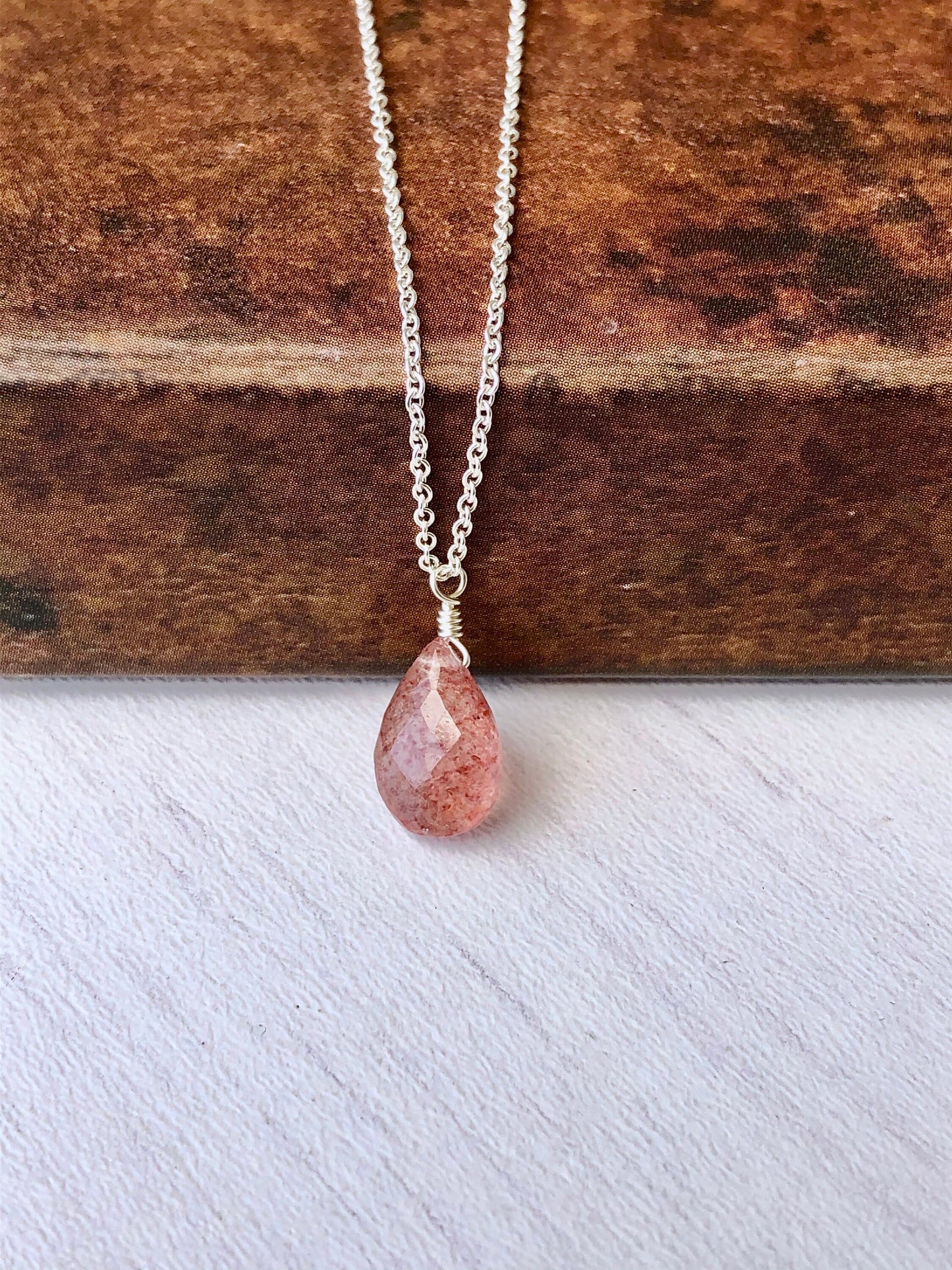 Strawberry Pink Rutilated Teardrop Necklace