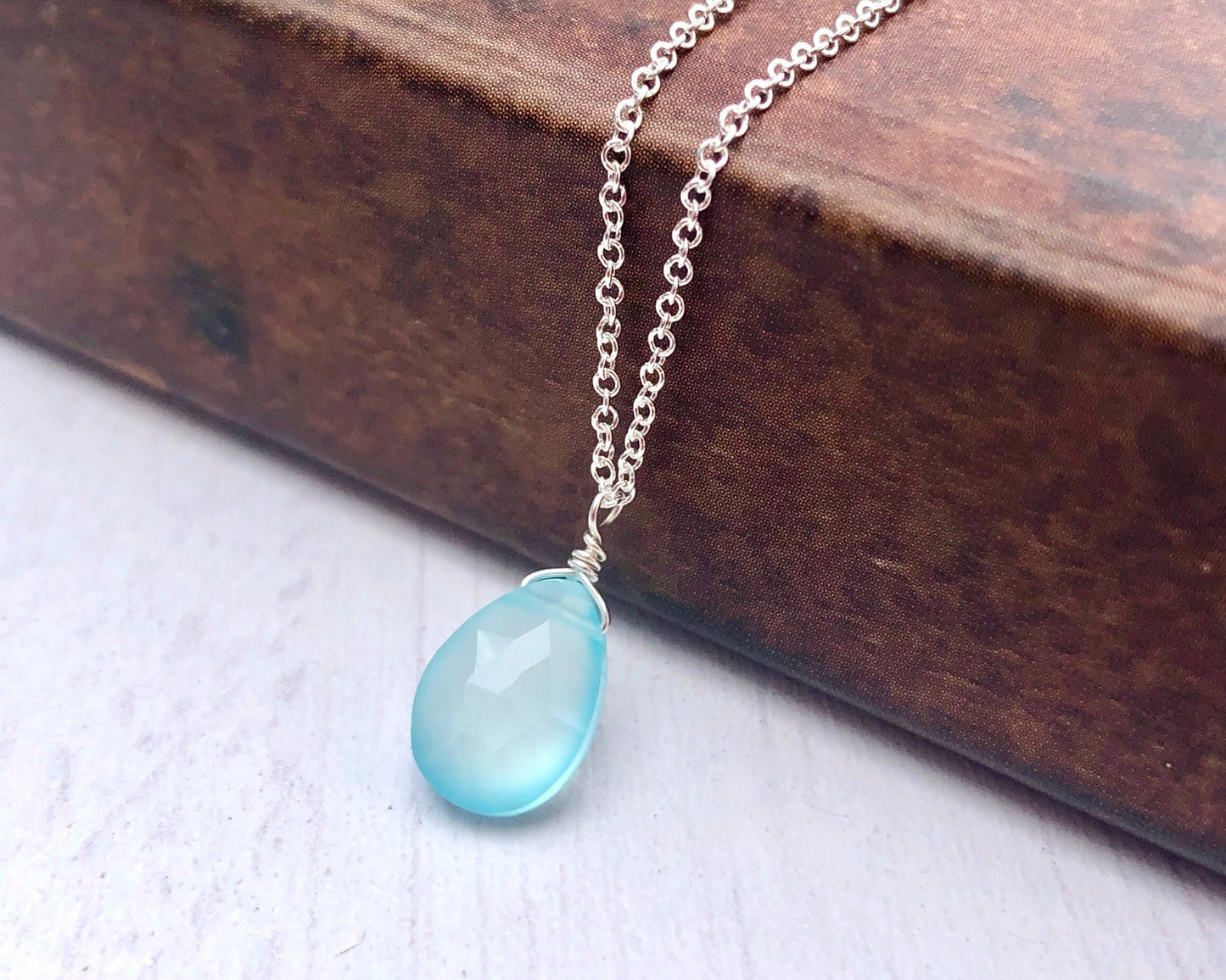 Aqua Chalcedony Necklace, Blue Teardrop Pendant, Layering Summer Necklace, Minimalist Silver Jewelry, Seaglass Chalcedony Drop, Gift for her