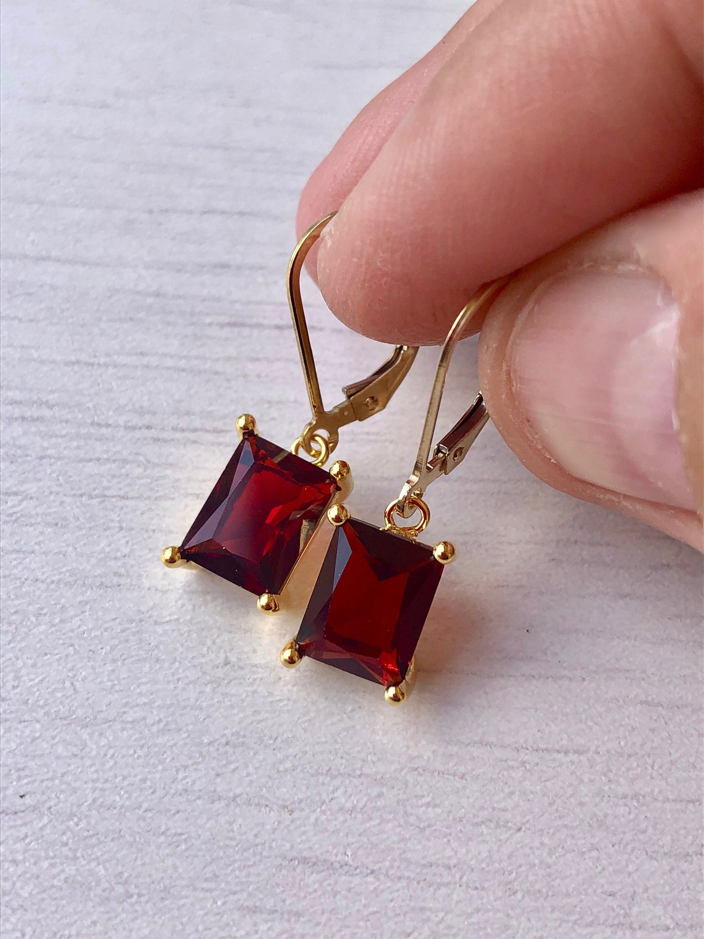 Garnet Emerald Cut Earrings in Gold or Silver