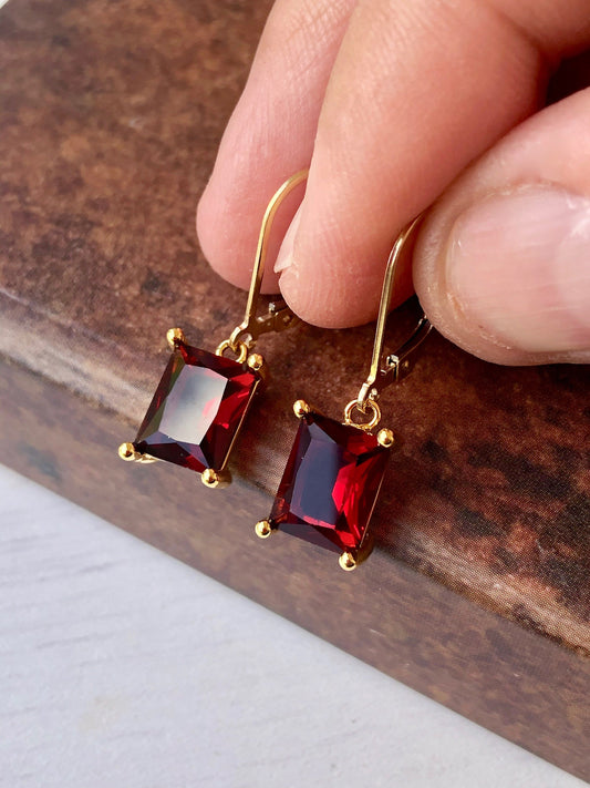 Garnet Emerald Cut Earrings in Gold or Silver