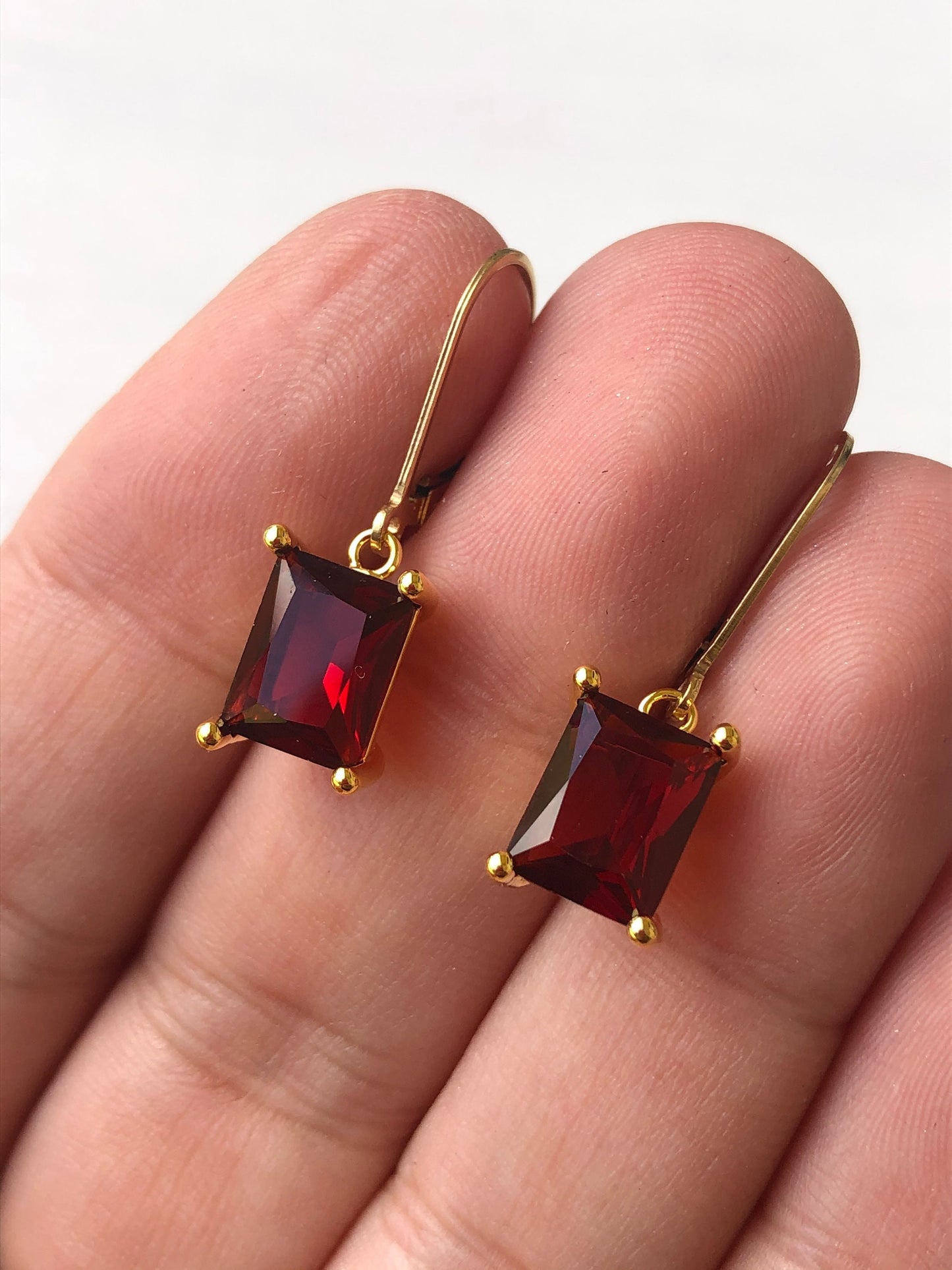 Garnet Emerald Cut Earrings in Gold or Silver