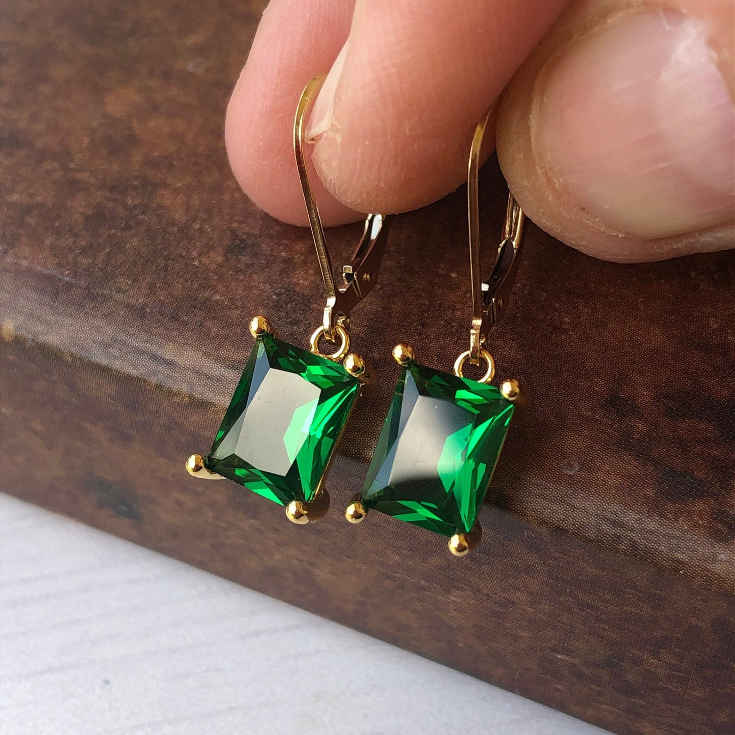 Emerald Quartz Baguette Earrings