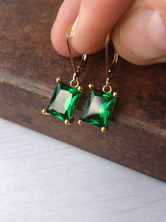 Emerald Rectangle Earrings in Gold or Silver